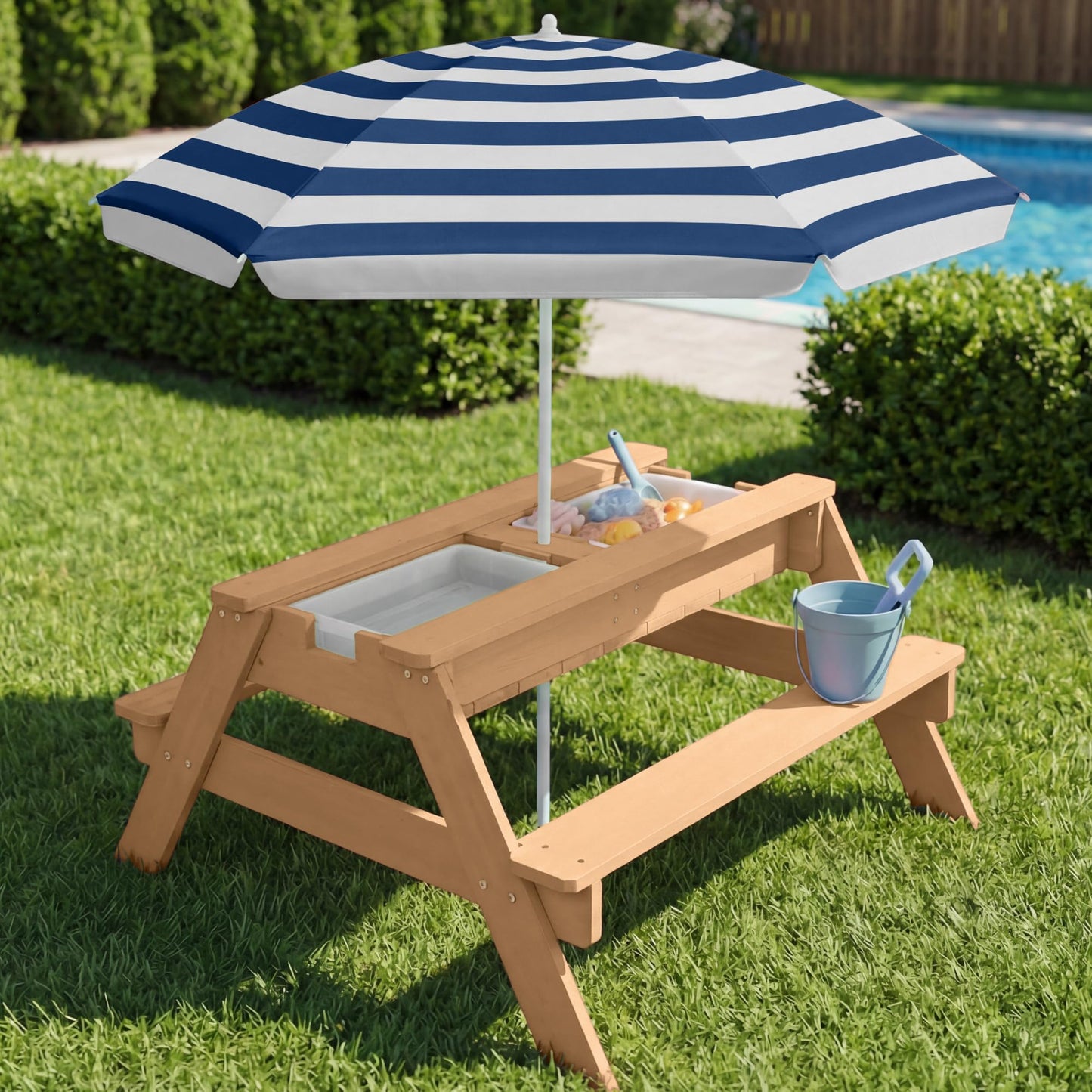 Best Choice Products Kids Picnic Table with Umbrella, 3-in-1 Sand & Water Table, Outdoor Convertible Picnic Table for Toddlers, Seats 4, Removable Top, 2 Buckets - Navy