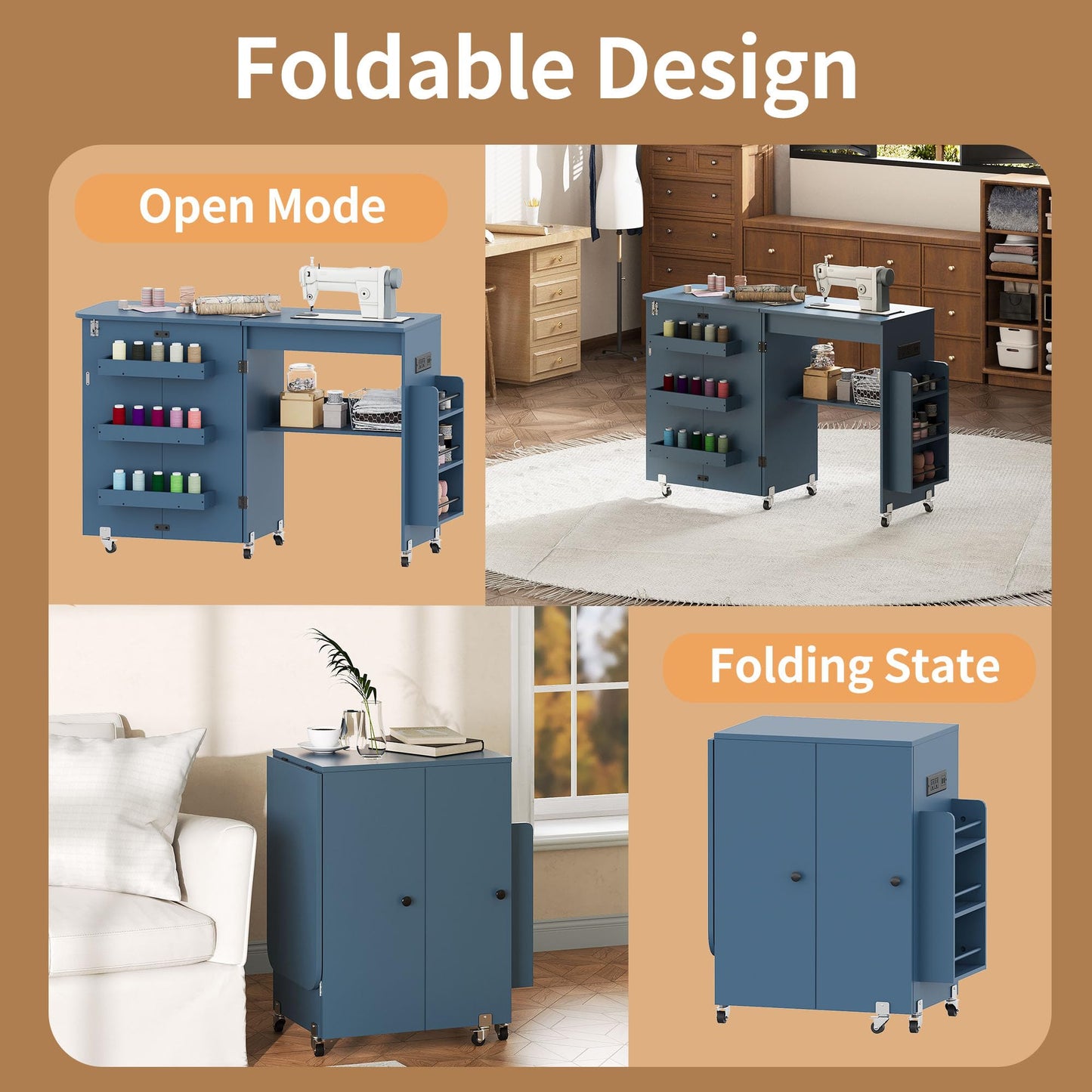 DUDUSHIMAN Sewing Table with Storage, Folding Sewing Table with Charging Station/Shelves,Lockable Casters, Sewing Machine Desk for Home Apartment, Studio (Navy Blue)