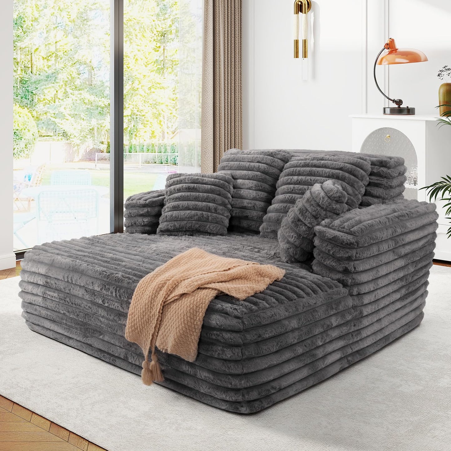 JEEOHEY 56" Oversized Chaise Lounge Chair Indoor,Plush Faux Fur Sleeper Sofa Couch Bed with Pillows&Wide Armrests,Fluffy Comfy Cloud Couch,Compression Foam Couch for Living Room,Bedroom(Grey)