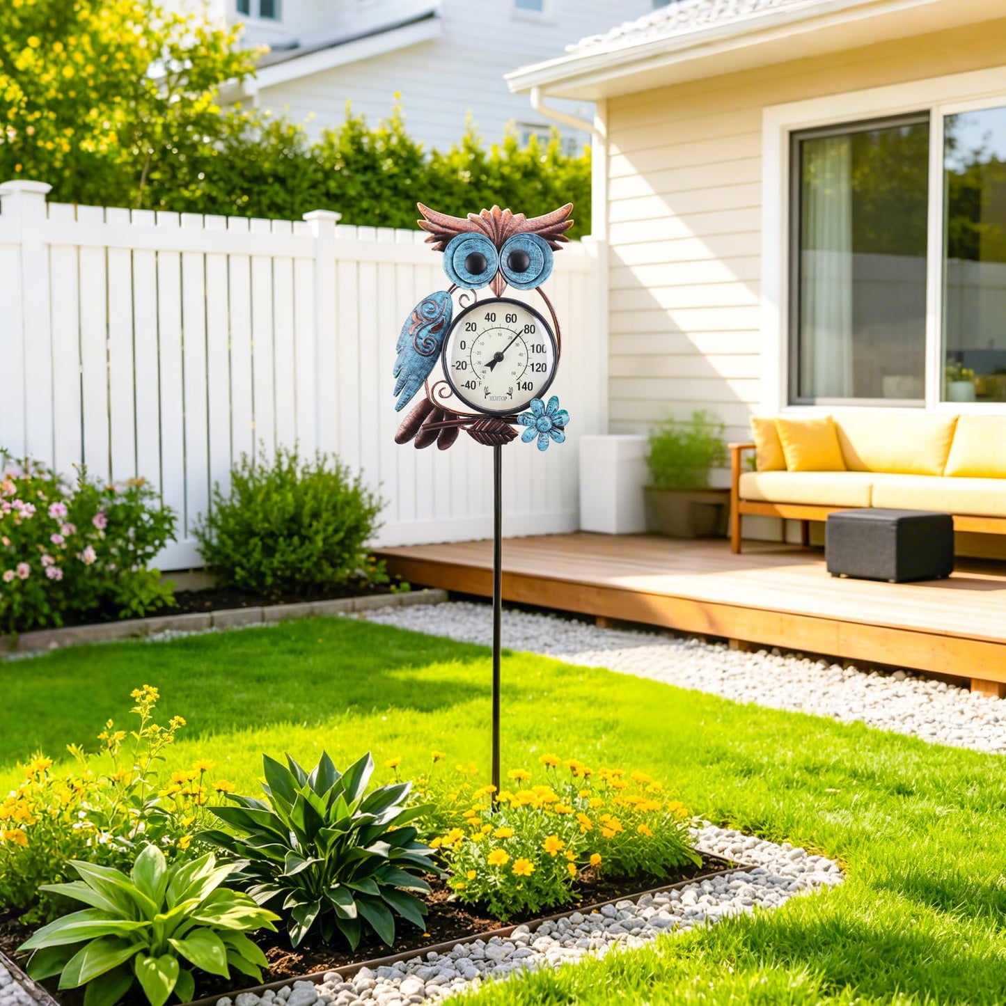 MUMTOP Outdoor Thermometer, 42 Inch Metal Owl Garden Stake Outside Wall Thermometer for Patio, Yard and Garden