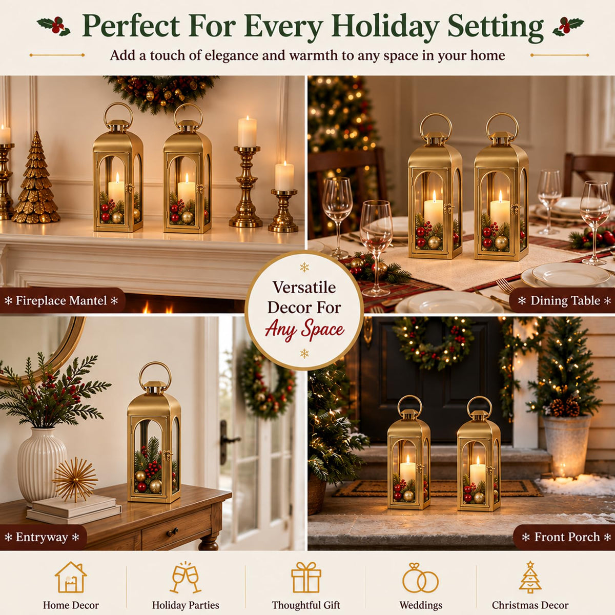 Christmas Decorative Lanterns Gold Metal Candle Holders 16 Inch 2 Pack