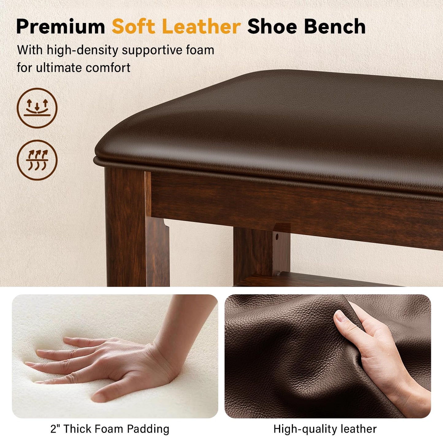 Taitiy Shoe Bench Storage Rubberwood with Leather Cushion for Entryway Bench Ideal for Hallways Shoe Rack Front Doors Entrances Mudrooms Featuring 3 Height-Adjustable and Removable Shelves