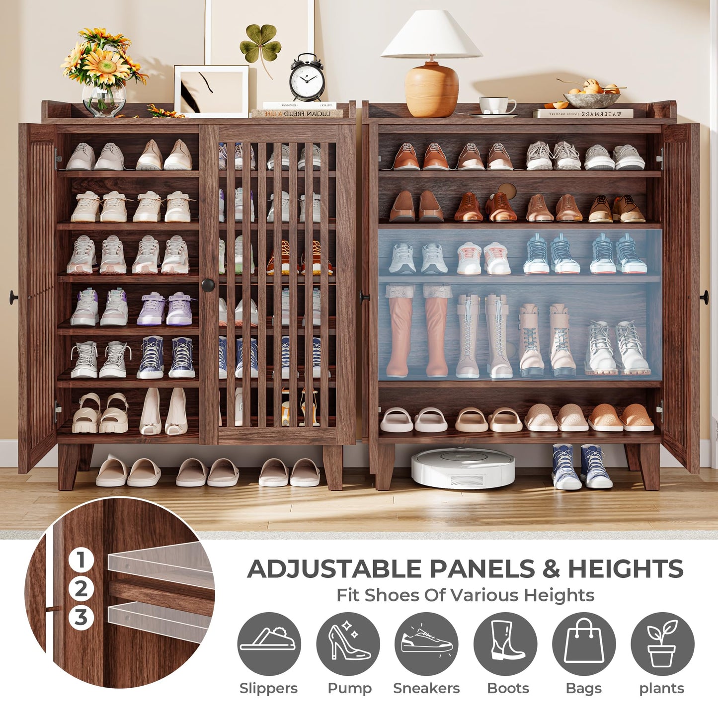 IRONCK Shoe Cabinet with Slatted Doors, 6-Tier Shoe Storage Cabinet with Adjustable Shelves, Wooden Shoe Rack Organizer for Entryway, Hallway, Closet, Living Room, Walnut