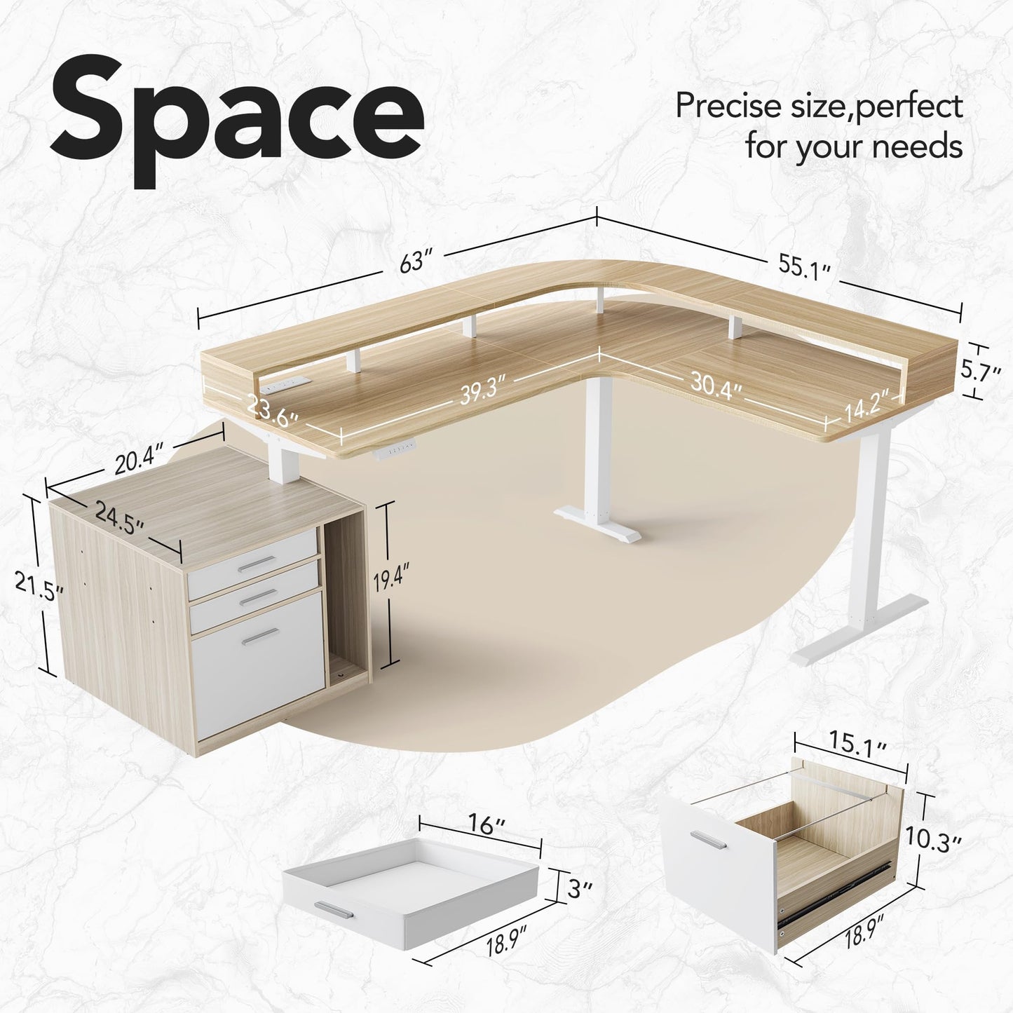 HUANUO Electric L Shaped Standing Desk with File Cabinet, 83" x 55" Height Adjustable Sit Stand up Desk with LED Strip, Power Outrlets & Cable Management Tray, Corner Computer Table, Light Walnut