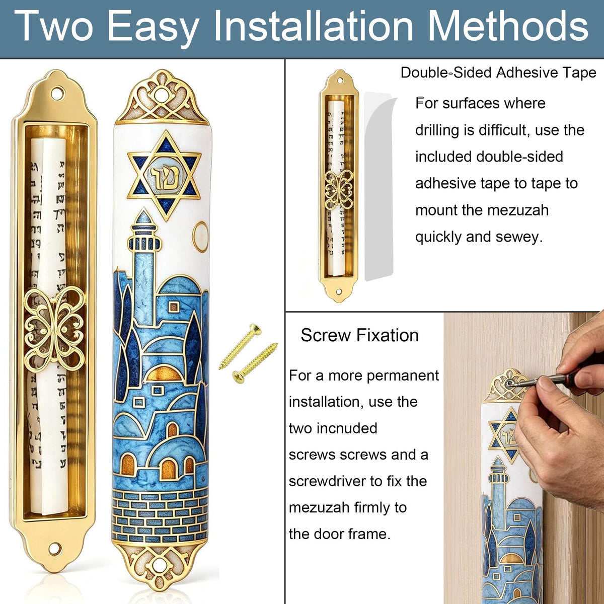 Upgrade Enamel Mezuzah with Scroll for Door, Metallic Embossed Design 2PCS