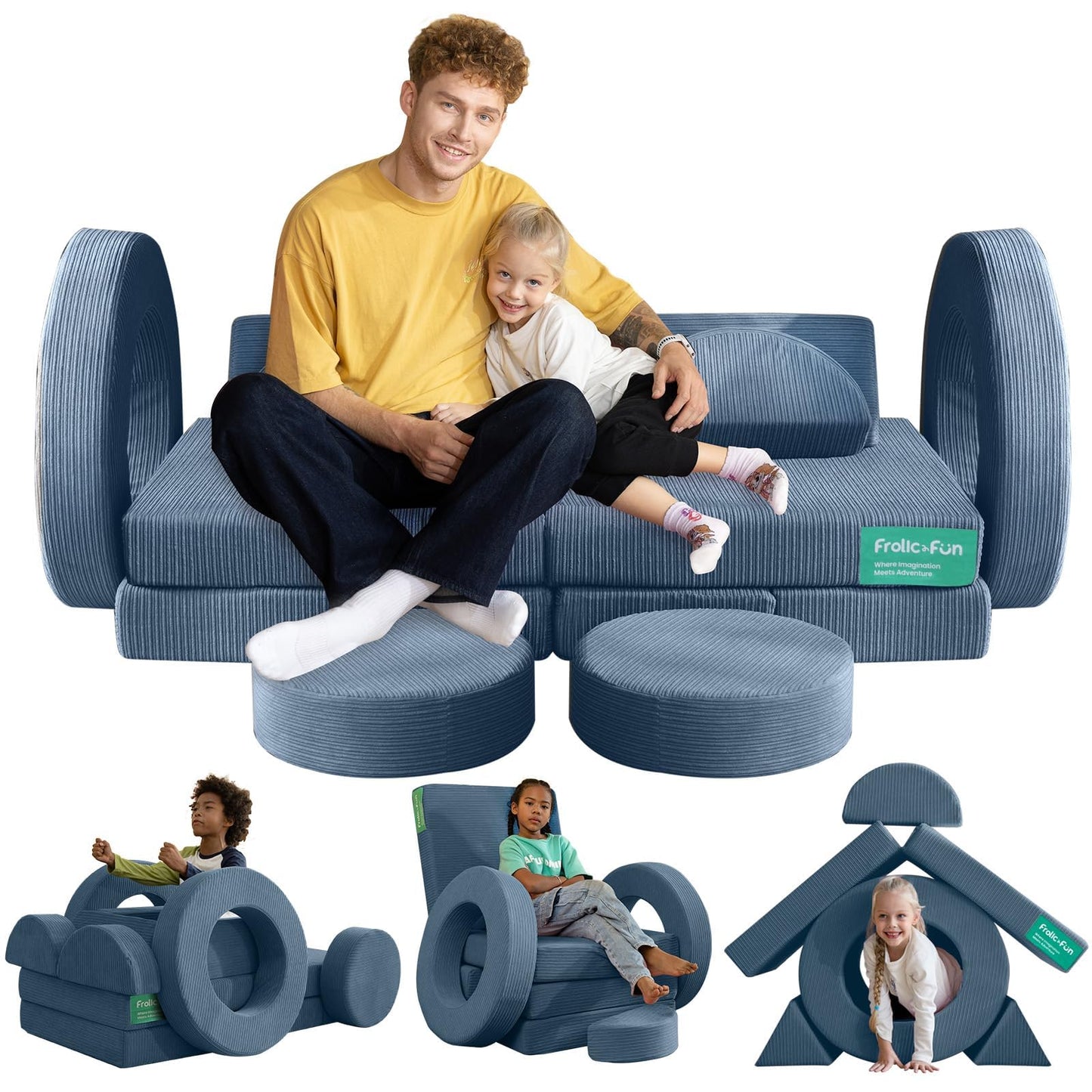 Frolic & Fun 16Pcs Modular Kids Play Couch for Toddlers, Fold Out Kids Couch Building Fort for Playroom Bedroom, Kid Convertible Explorer Sofa Cushions for Boys & Girls Navy Blue
