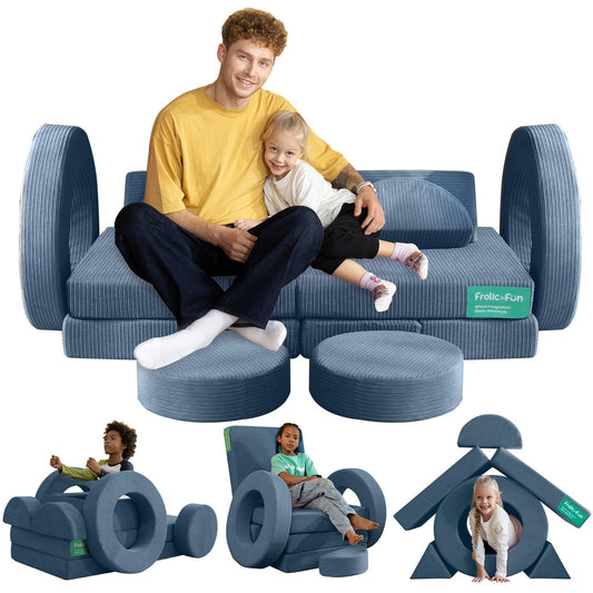 Frolic & Fun 16Pcs Modular Kids Play Couch for Toddlers, Fold Out Kids Couch Building Fort for Playroom Bedroom, Kid Convertible Explorer Sofa Cushions for Boys & Girls Navy Blue