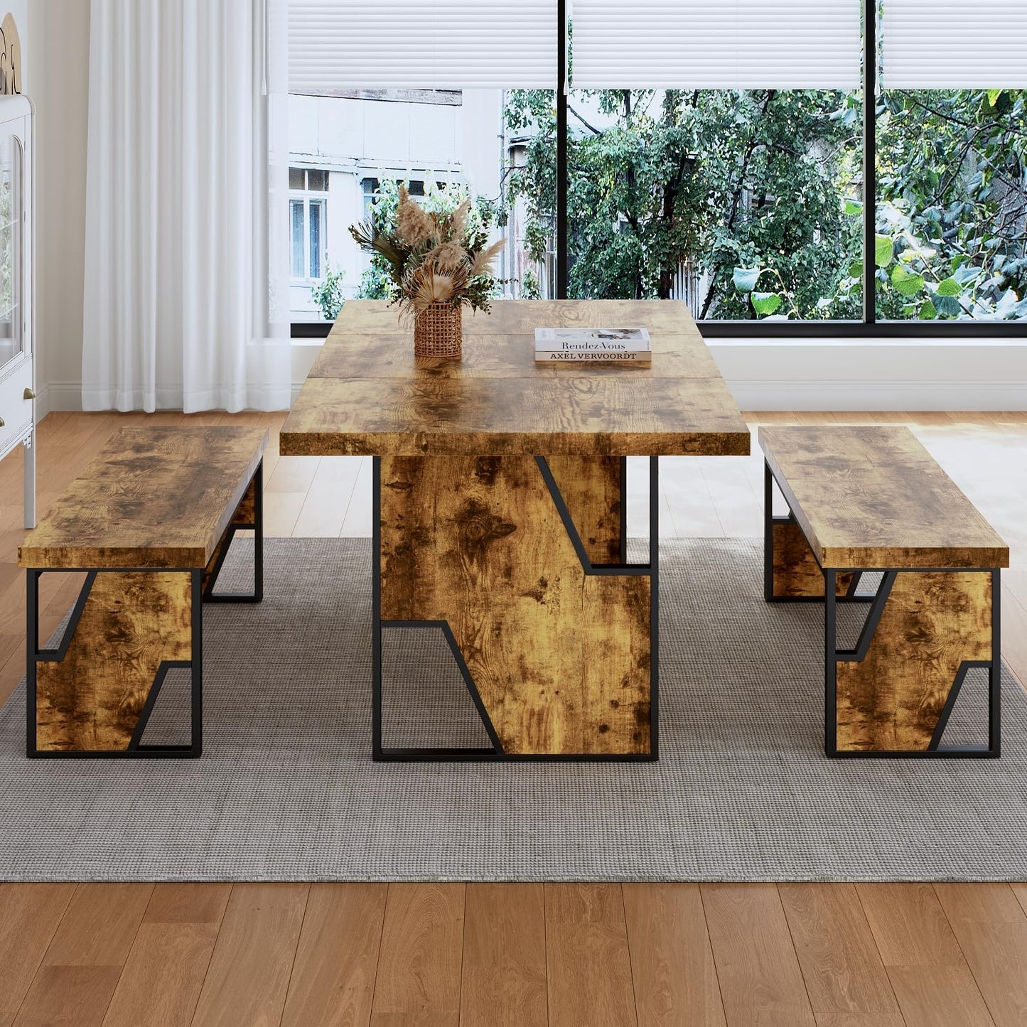 HIPIHOM 70.8" Wooden Dining Table with 2 Benches, Modern Kitchen Table and Chairs Set for 4-6 Person, Thickened MDF Wooden Table with Dining Bench for Living Dining Room, Kitchen, Office