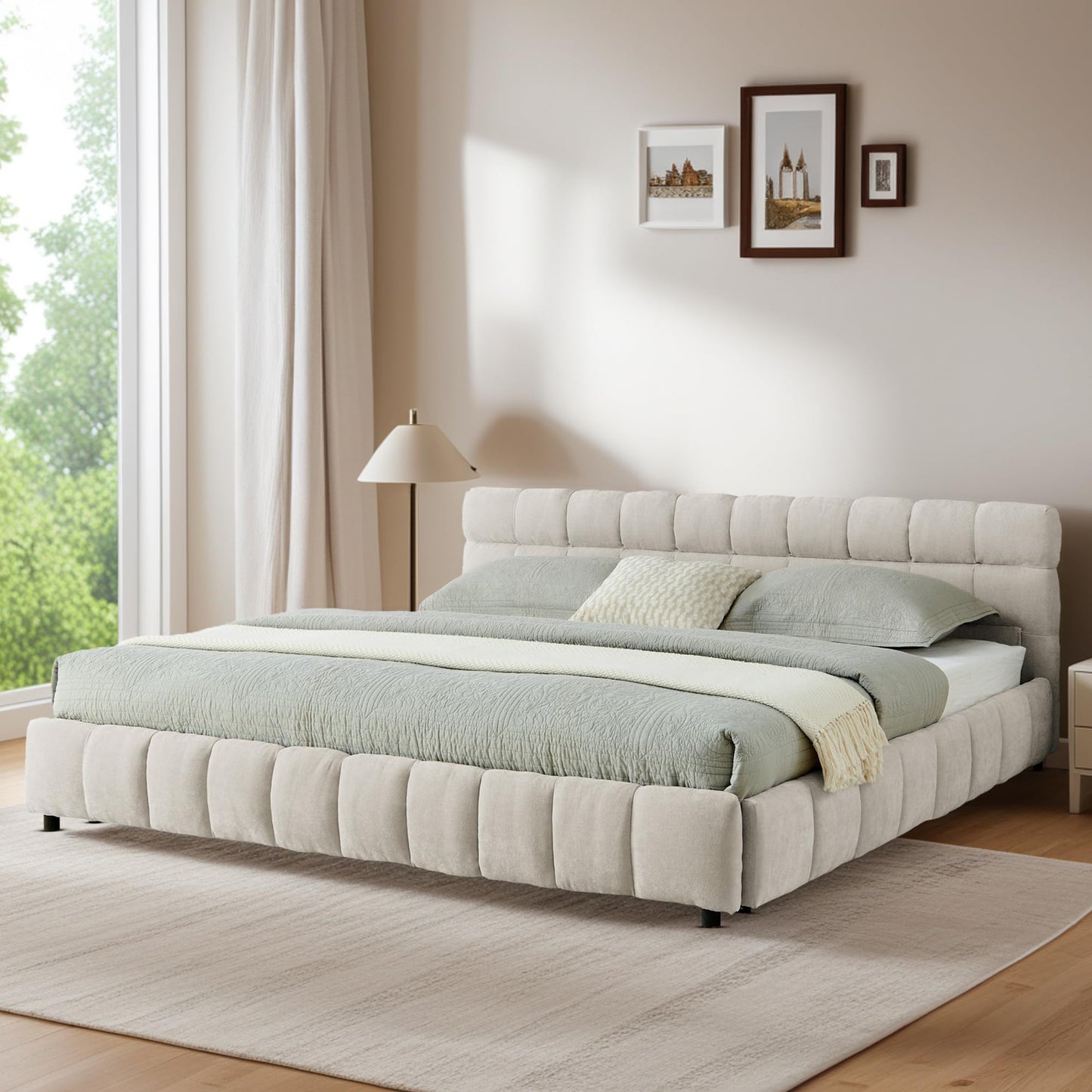 DNYN California King Size Grounded Bed with 4 Storage Drawers and Solid Wood Frame for Bedroom, Low-Profile Upholstered Chenille Bed with Headboard, Space-Saving & No Box Spring Needed
