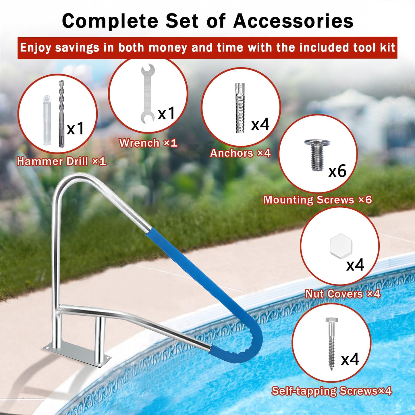 Pool Handrail, 54 in x36 in Pool Railings for Inground Pools, Swimming Pool Safety Handrails 375 LBS Load Capacity, 304 Stainless Steel Pool Stair Rail with Grip Cover, Quick Mount Base Plate