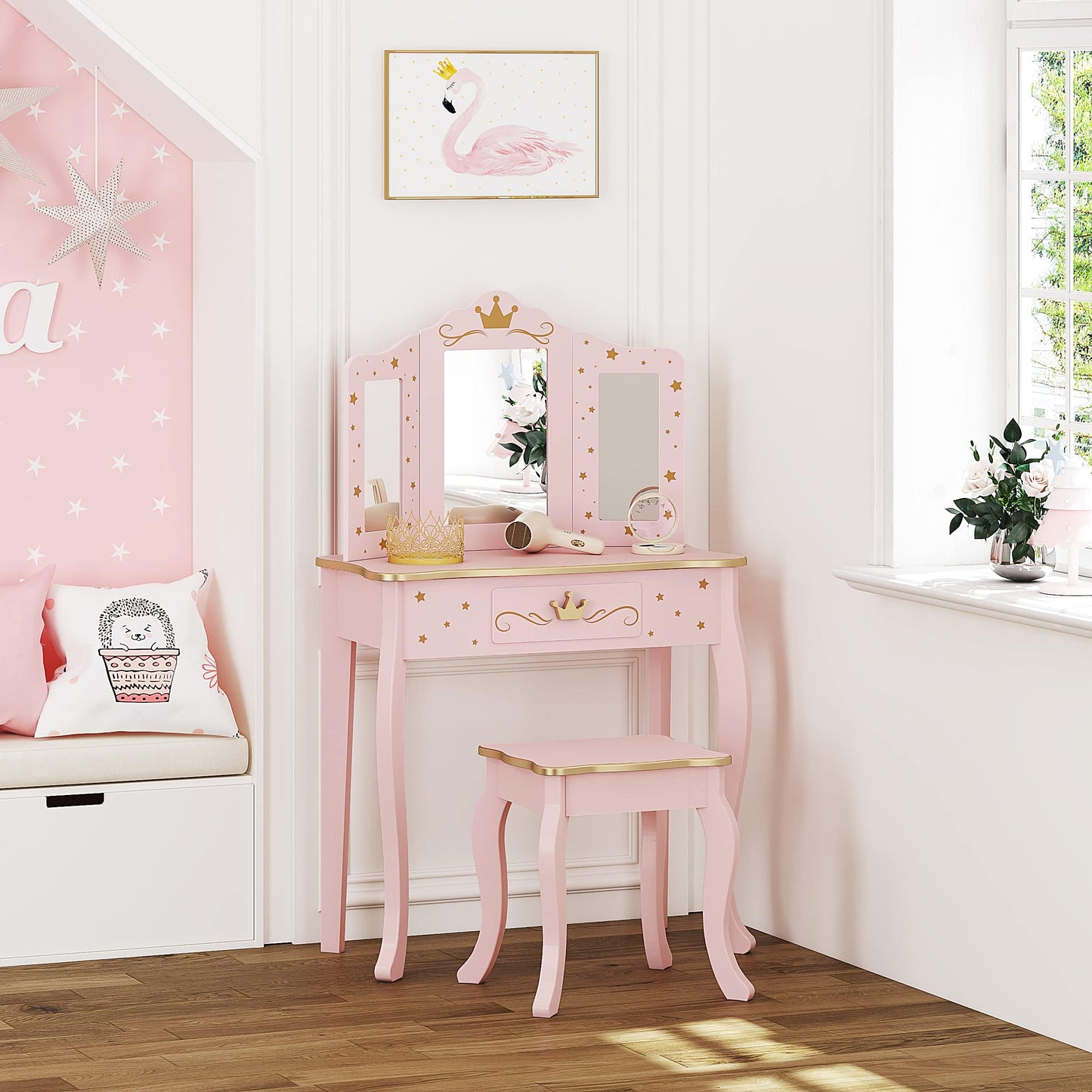 UTEX Kids Vanity Set with Mirror and Stool, Kids Make Up Vanity Desk with Mirrror for Little Girls, Children Makeup Dressing Table with Drawer, Pink