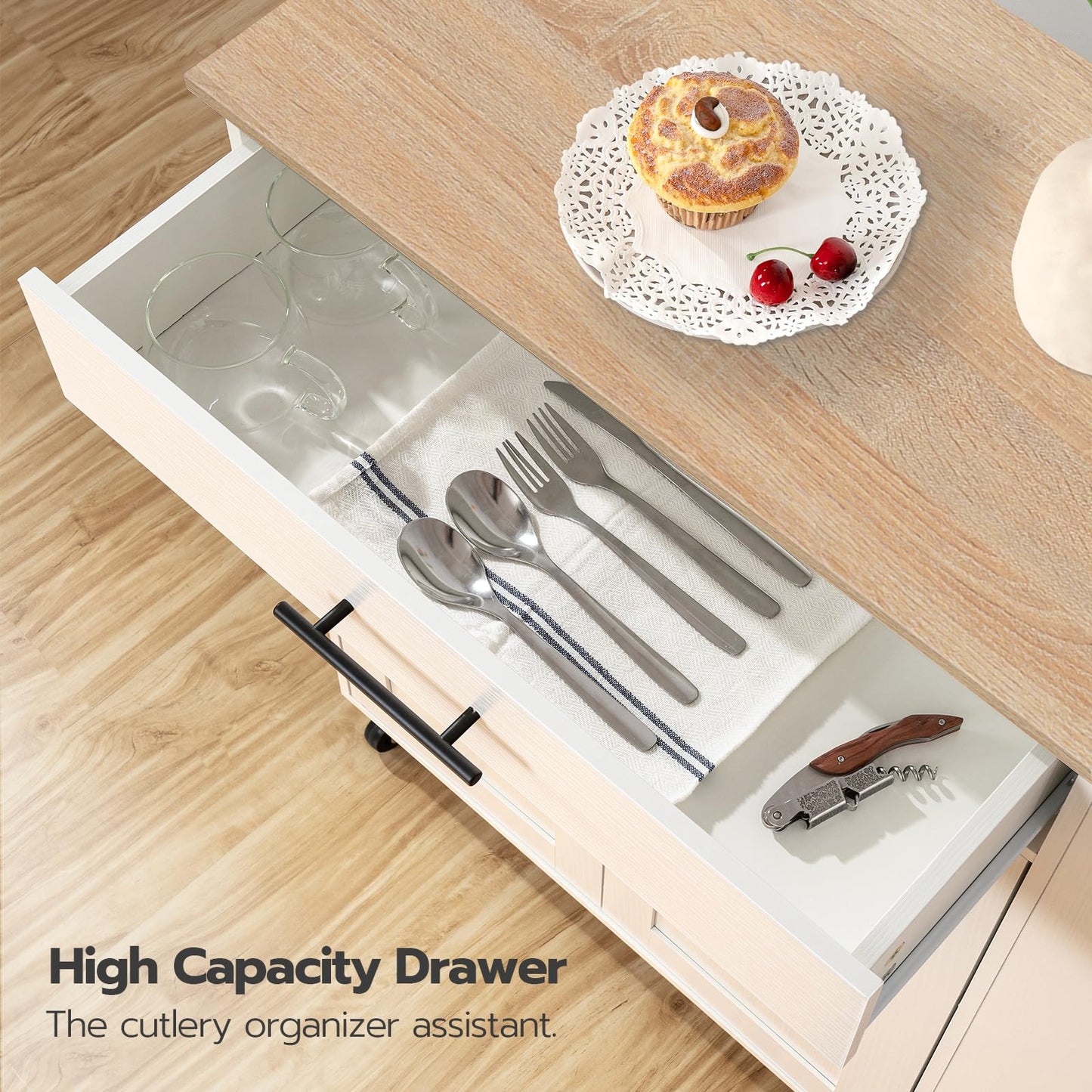 HOOBRO Kitchen Island with Power Outlet, Kitchen Storage Island with Spice Rack and Drawer, Rolling Kitchen on Wheels, for Home, Dining Room, Natural and White WN82UZD01G1