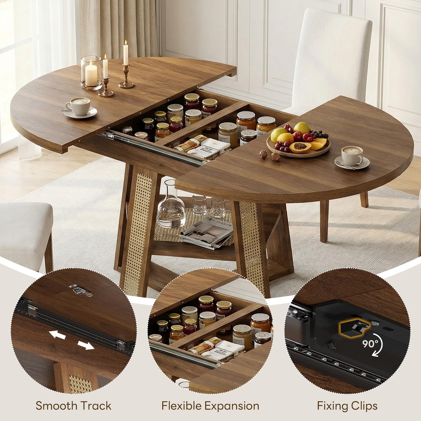 LIKIMIO 43"-59" Extendable Round Dining Table for 4-8, Transformer Oval Dining Room Table with Removable Leaves Space Saving, Wood Base Kitchen Table with Storage Shelf for Living Room, Walnut