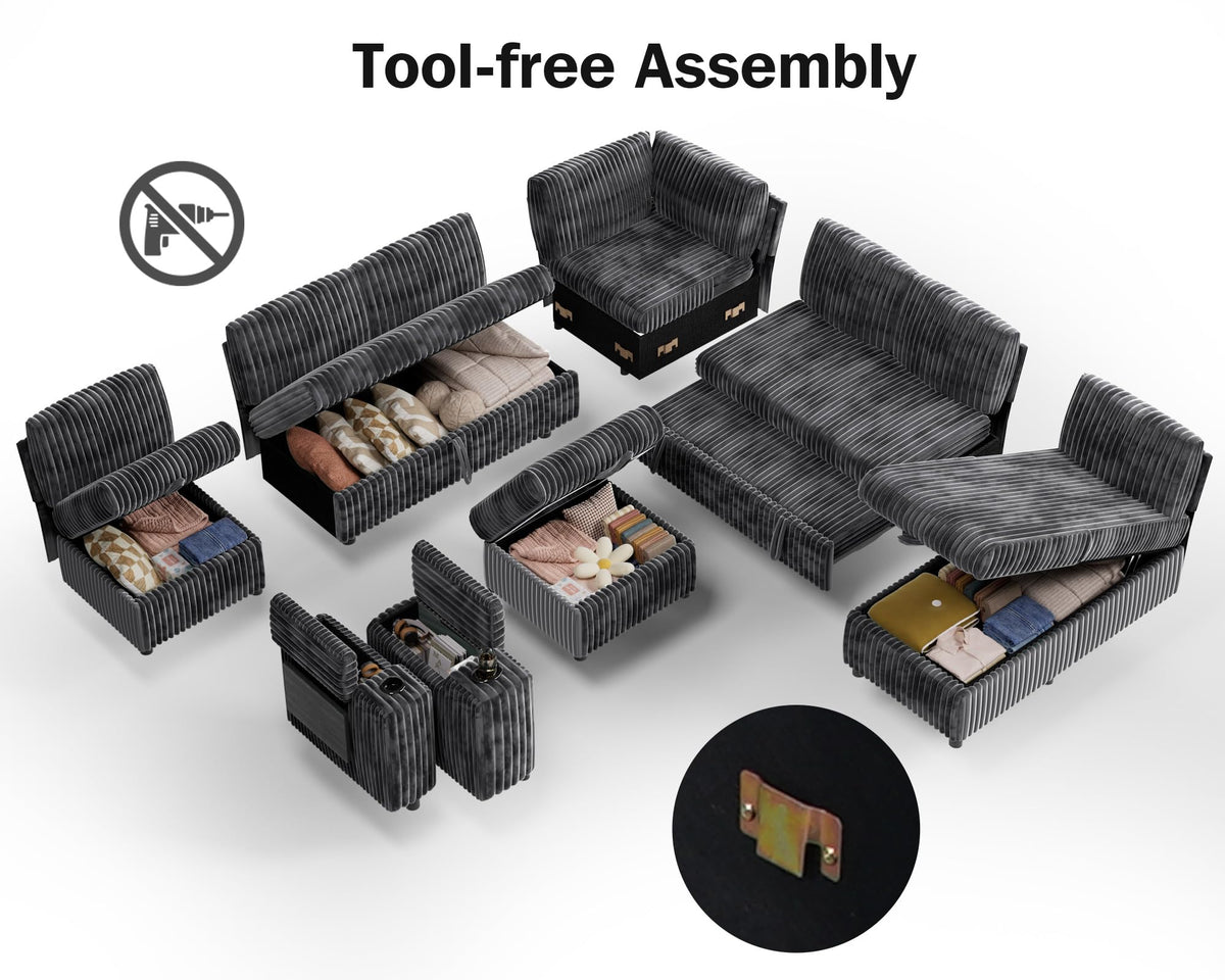 Sunny Heart 130" Modular Sectional Sleeper Sofa with Pull Out Bed, 9 Seat Corduroy L Shaped Couch with Ottoman and Chaise|USB Ports|Cup Holders|Side Table, Tool Free Assembly, Grey