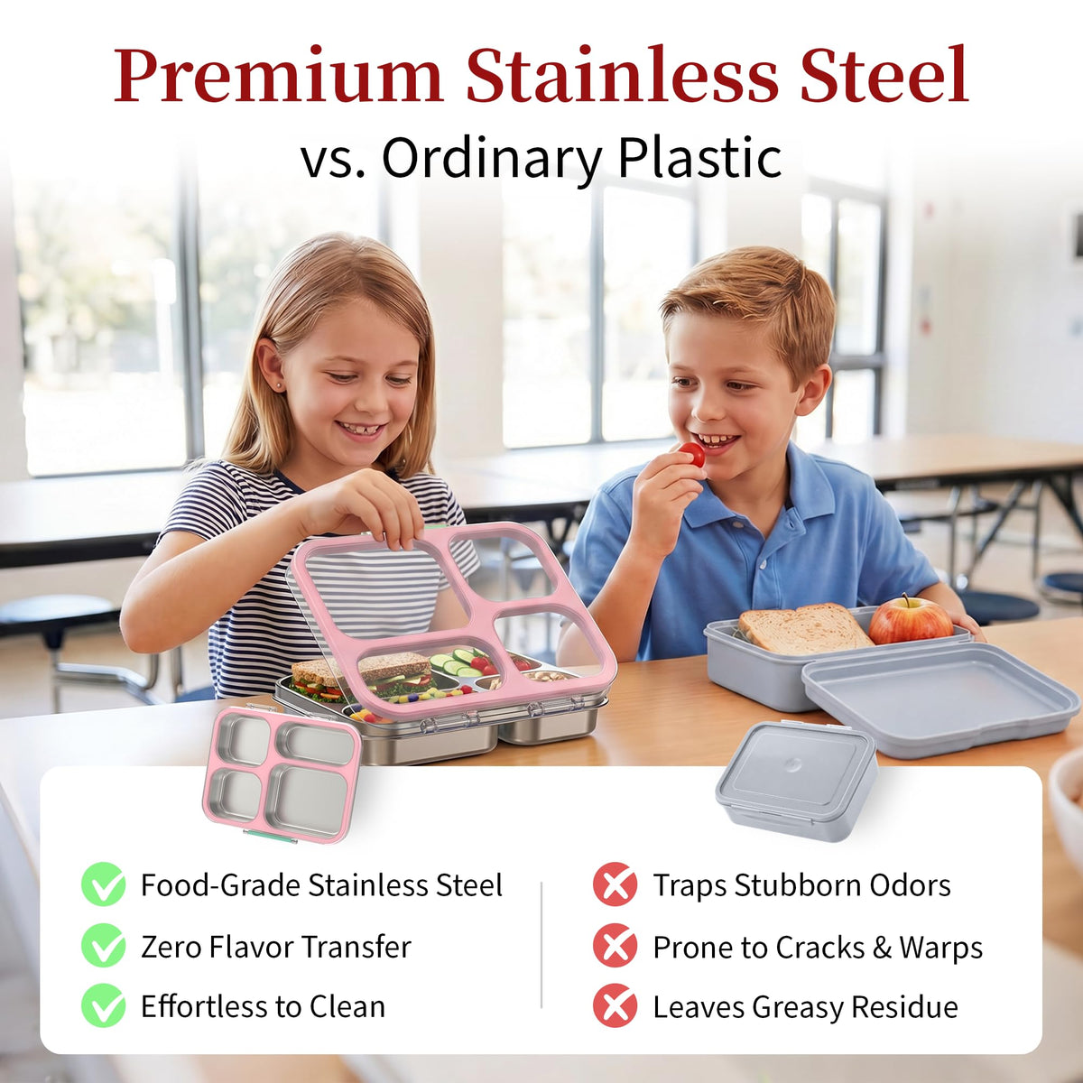 Reeple Stainless Steel Lunch Box for Kids, Leakproof 4 Compartment Kids Bento Lunch Box with Clear Lid, BPA-Free Steel Lunch Box Containers for School Travel (Pink)