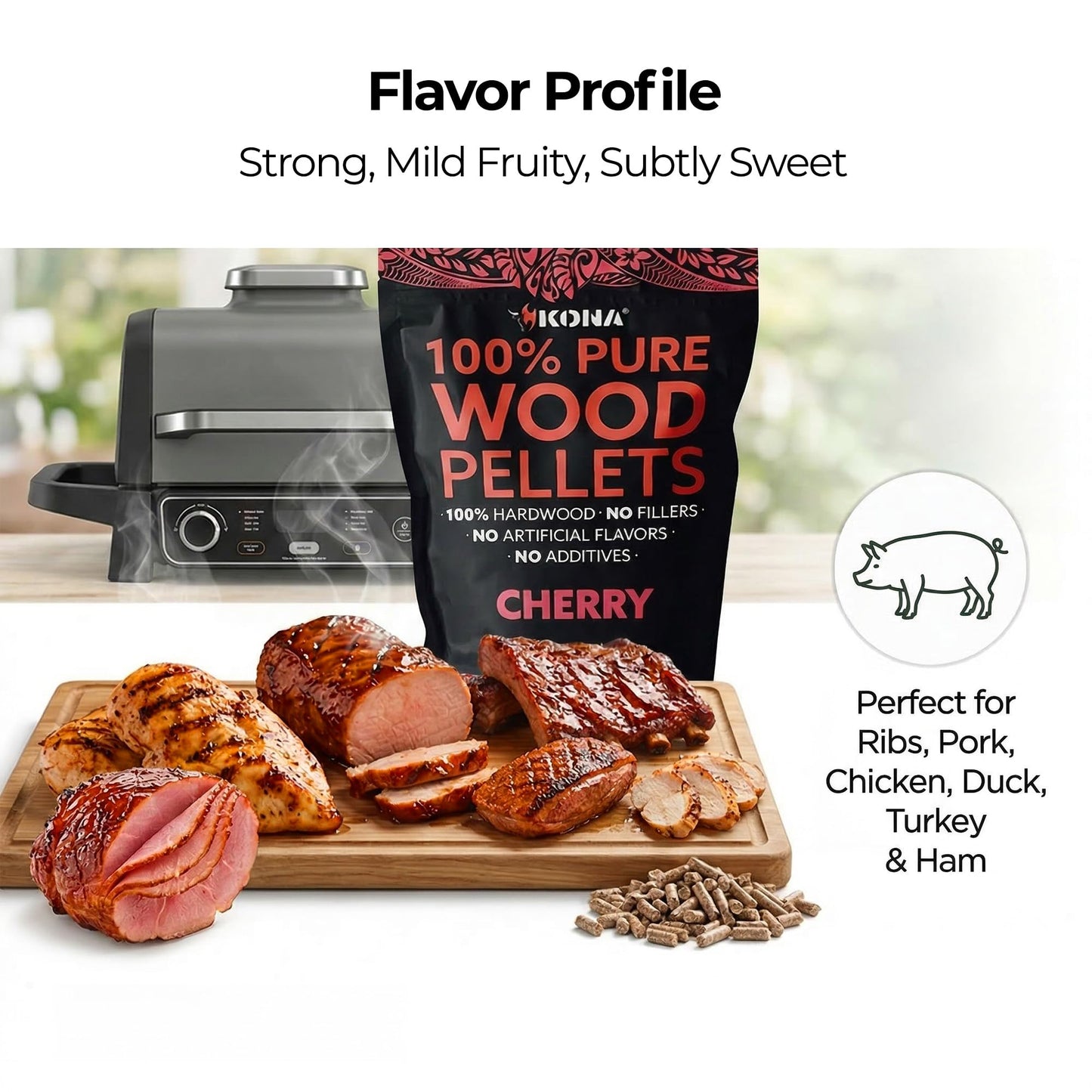 Kona 100% Cherry Smoker Pellets, Intended for Ninja Woodfire Outdoor Grill, 2 lb Resealable Bag