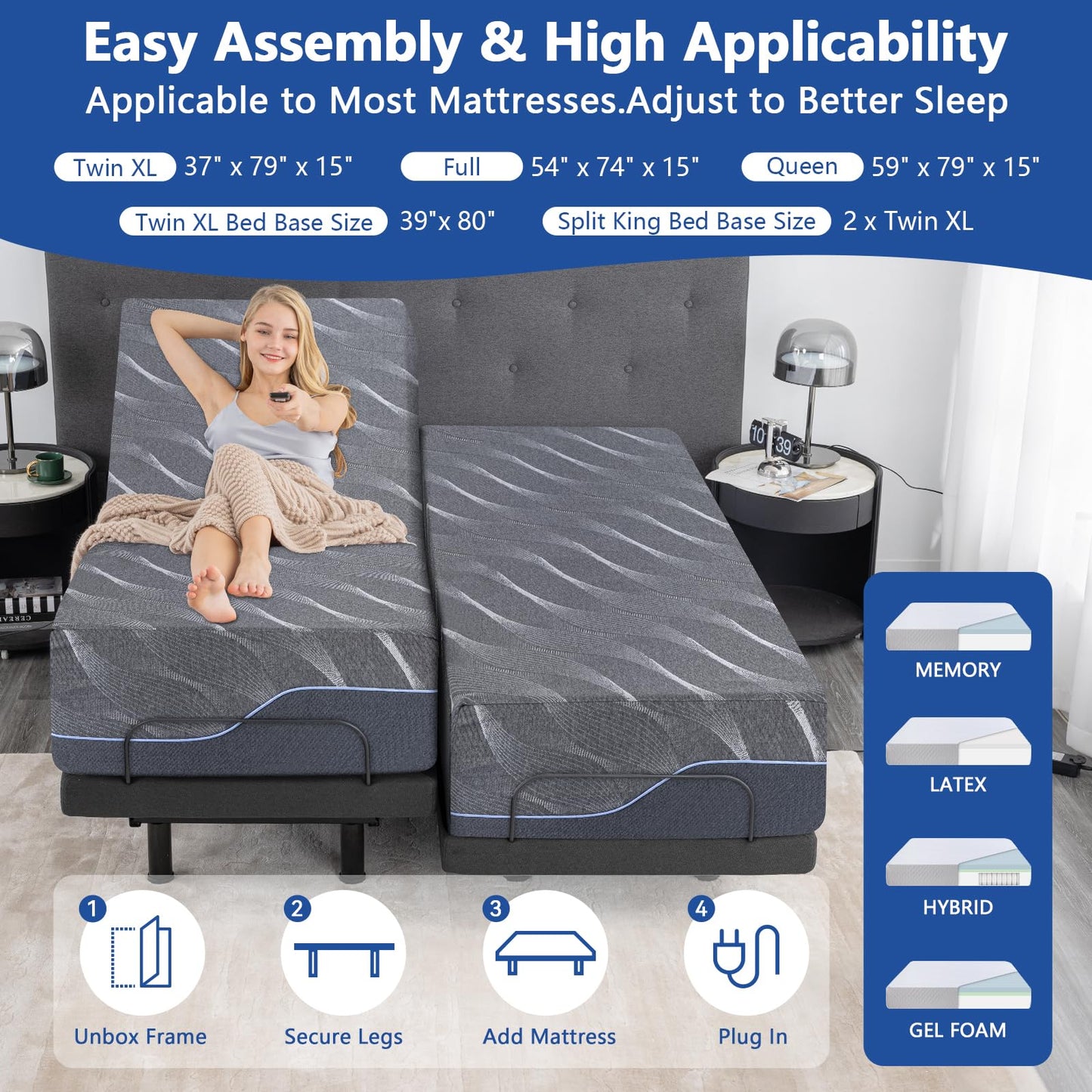 Vipbear Full Adjustable Bed Base with Mattress, 14 Inch Gray Gel Memory Foam Medium-Firm Mattress in Box, Adjustable Bed Frame with Wireless Remote, Smart Electric Bed Frame