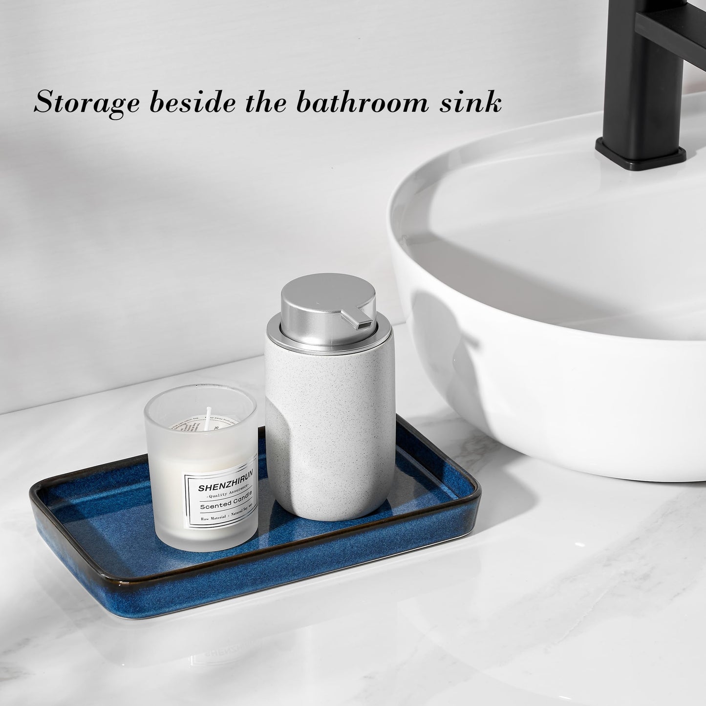 10"×6"×1" Bathroom Vanity Tray for Countertop- Ceramic Decorative Organizer Tray for Dresser Tops, Toilet, Perfume, Sponge Holder Soap Dish Dispenser for Kitchen Counter- Kiln-Transformed Blue