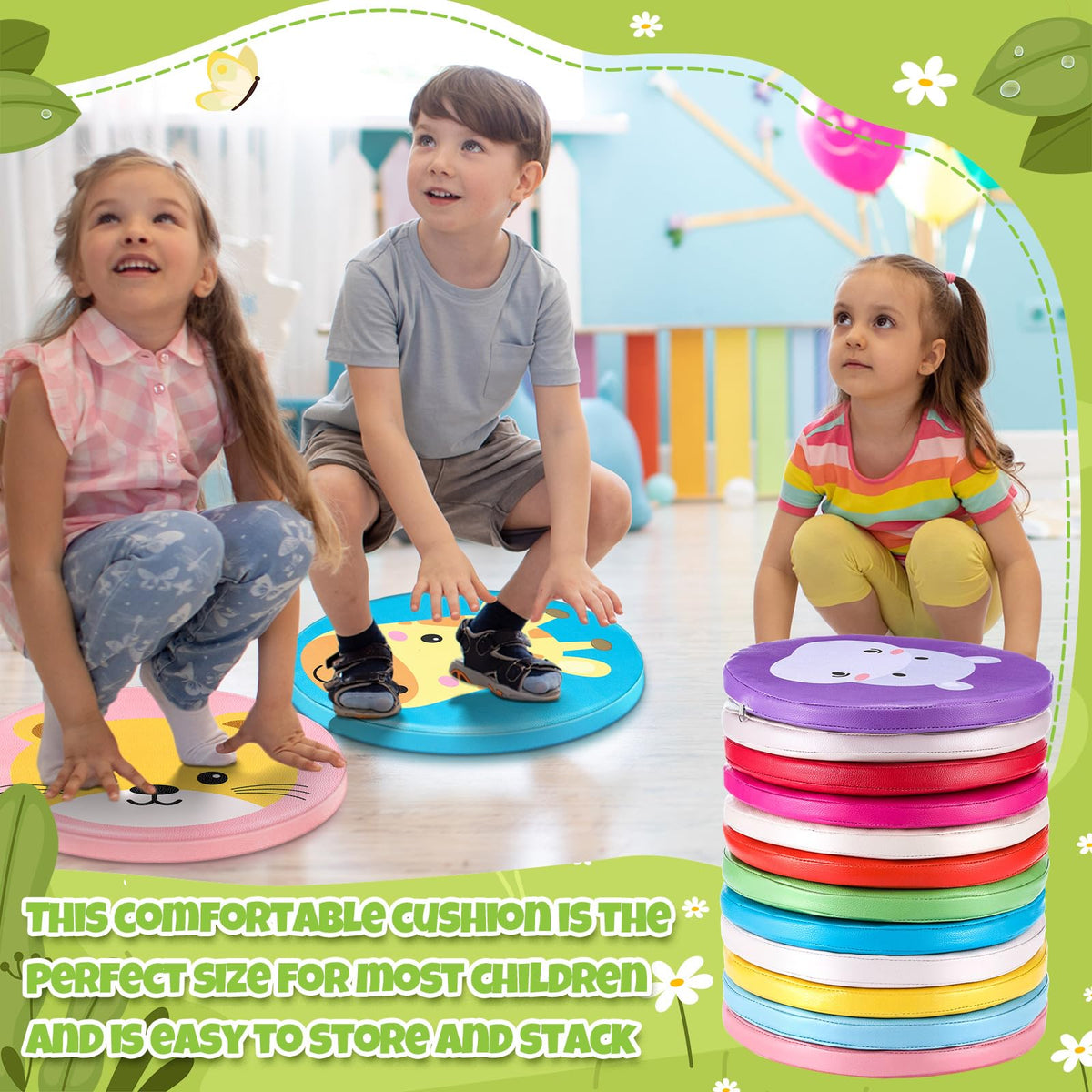 Suzile 12 Pcs Kids Floor Cushions Circle Seats for Classroom Flexible Round Circle Time Rug Mats with Handle Soft Waterproof Pillows Carpet for Elementary Daycare Preschool Kindergarten(Animals)