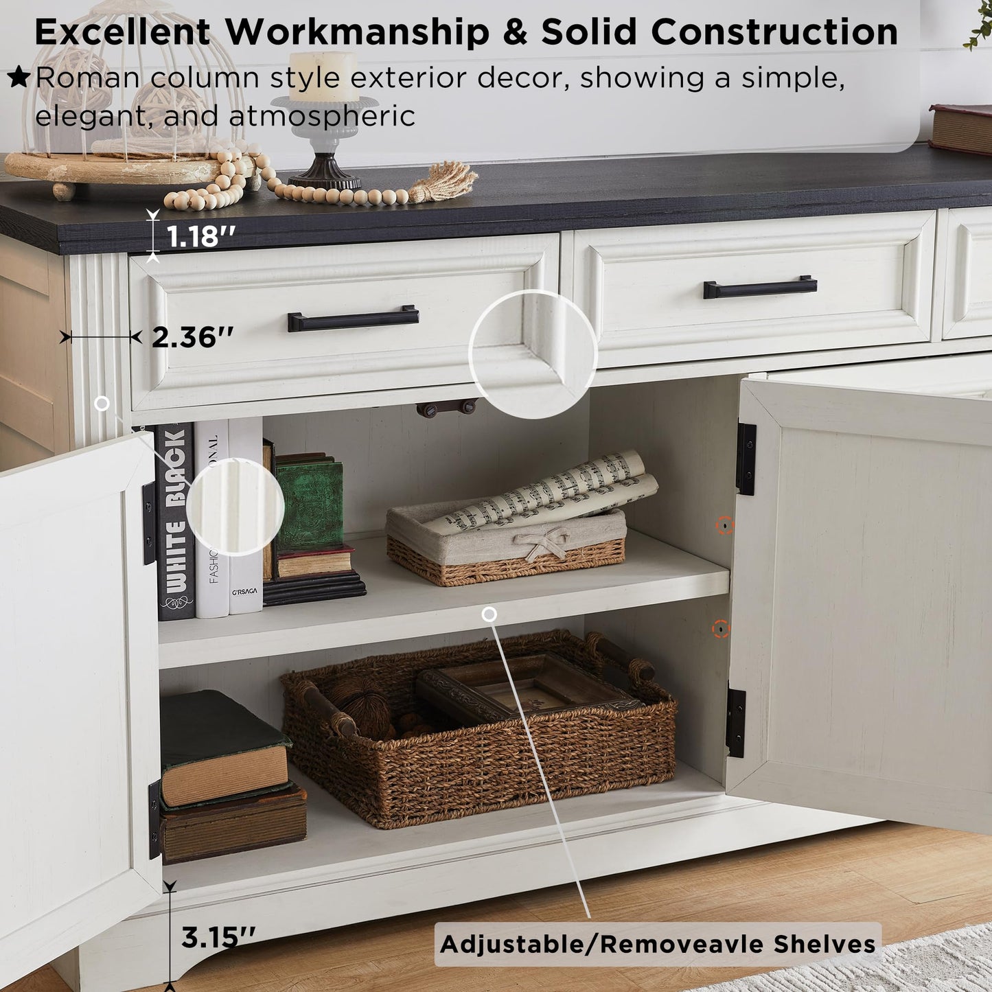 JXQTLINGMU 66" Farmhouse Buffet Cabinet with Storage, Sideboard Credenza with 4 Door Cabinets, Adjustable Shelves & 3 Drawers, Coffee Bar Cabinet for Dining Room, Kitchen, Living Room, Off White