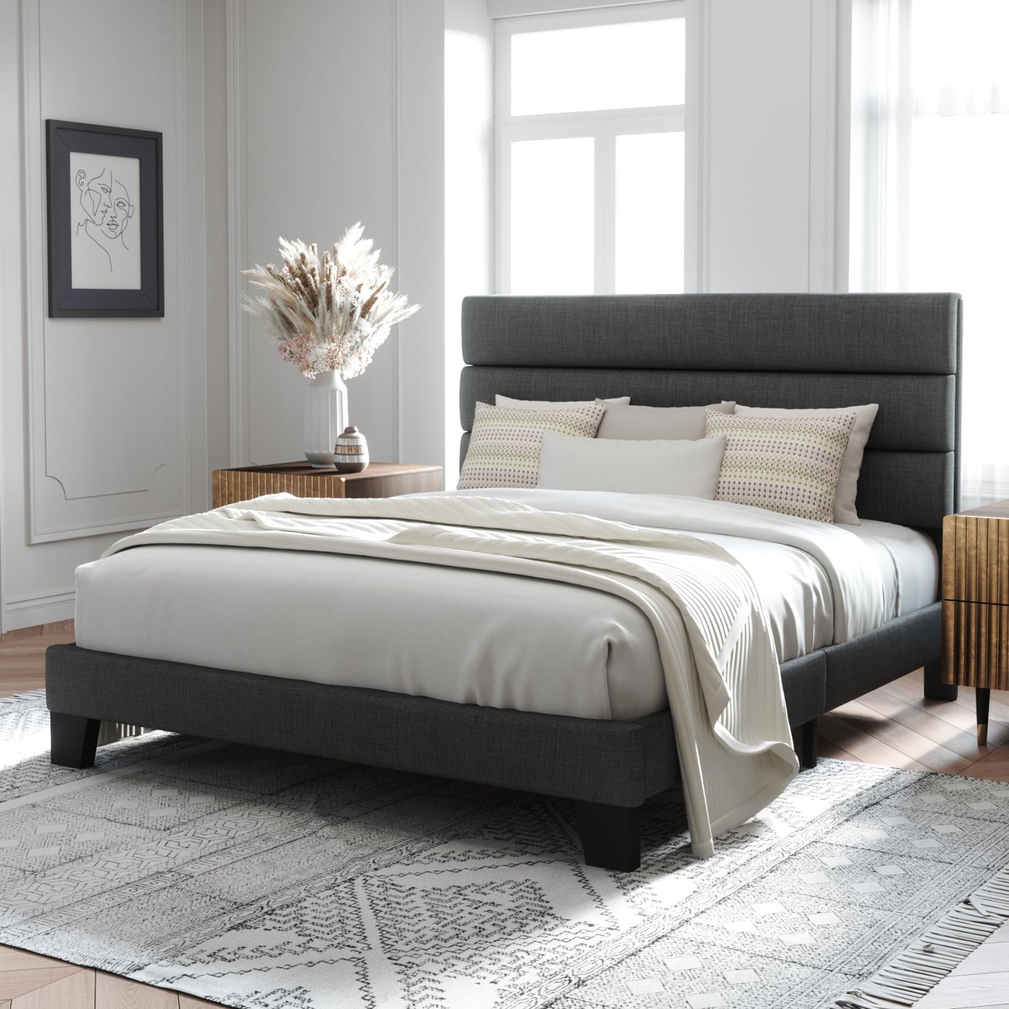 Allewie Queen Size Platform Bed Frame with Fabric Upholstered Headboard