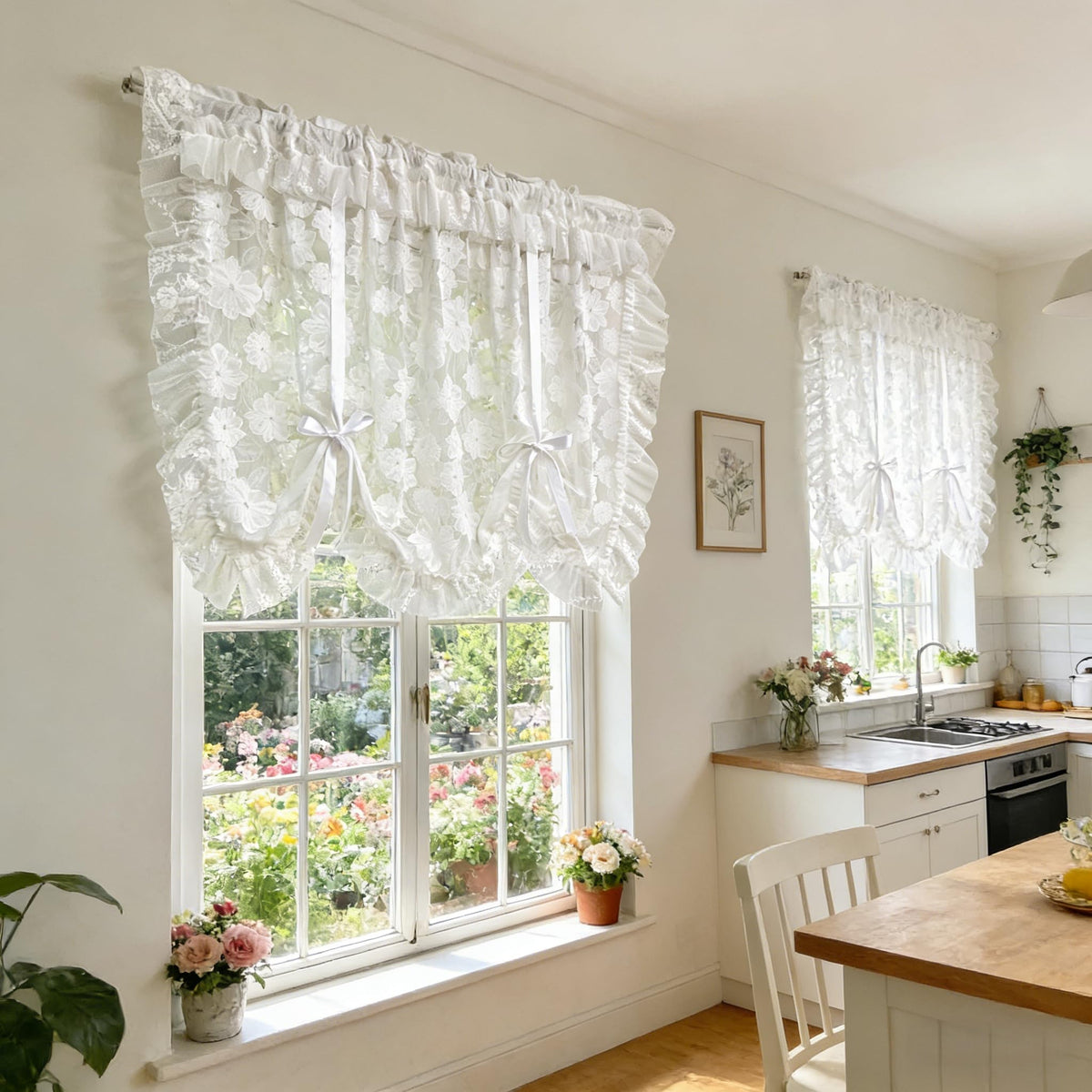 Tie Up Floral Lace Sheer Curtain Jacquard Balloon Curtain Shade for Kitchen