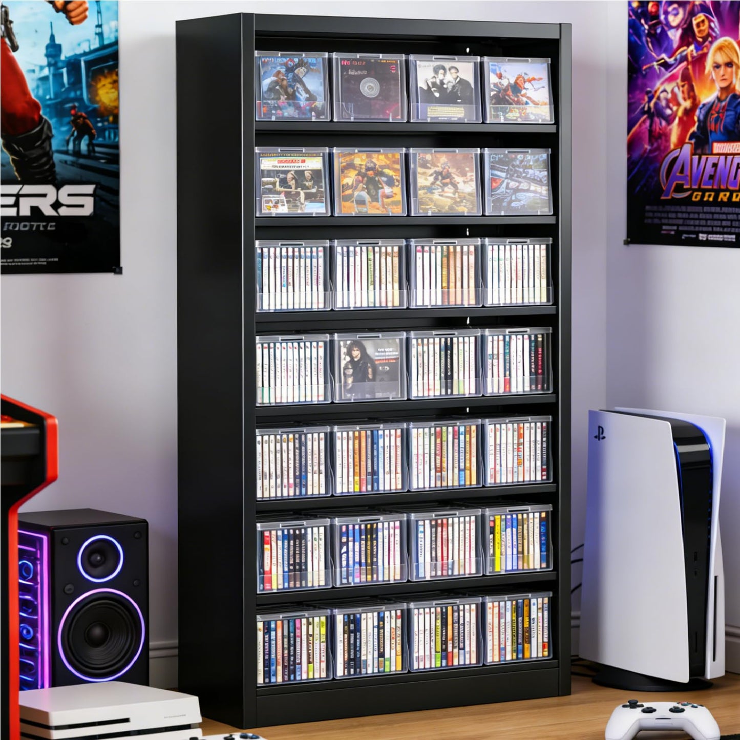 DUTYSEST Metal DVD Storage Shelves, 7-Tier CD Storage Rack with Adjustable Shelves, DVD Organizer Shelf, Media Cabinet for CD Holder, Movies, Blu rays, Games for Living Room & Home Office (Black)