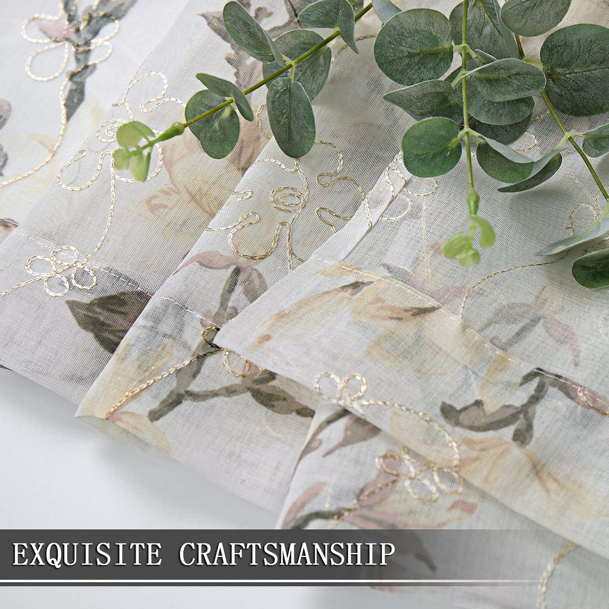 Tollpiz Floral Short White Sheer Tier Curtains Flower Print Vine Embroidery Kitchen Half Curtain Rod Pocket Café Voile Window Curtains for Bathroom, 30 x 24 inches Long, Set of 2 Panels