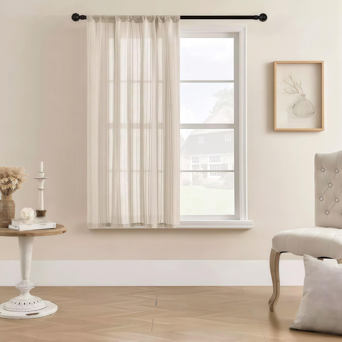 Gxi Beige Striped Sheer Curtain Tie Up Balloon Curtain for Kitchen Bathroom