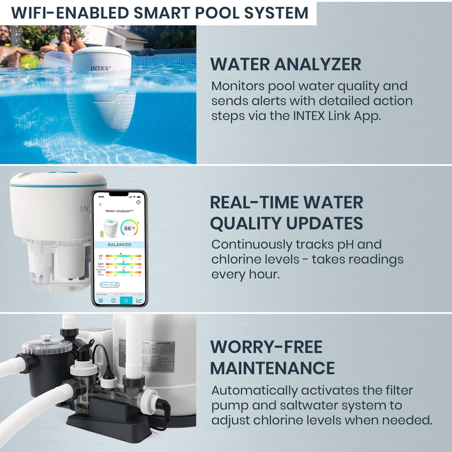 INTEX UltraLuxe 20 ft x 52 in Round Outdoor Above Ground Pool Set, Smart Wi-Fi Enabled Large Swimming Pool for Family and Adults with Sand Filter Pump, Saltwater System & Retractable Ladder
