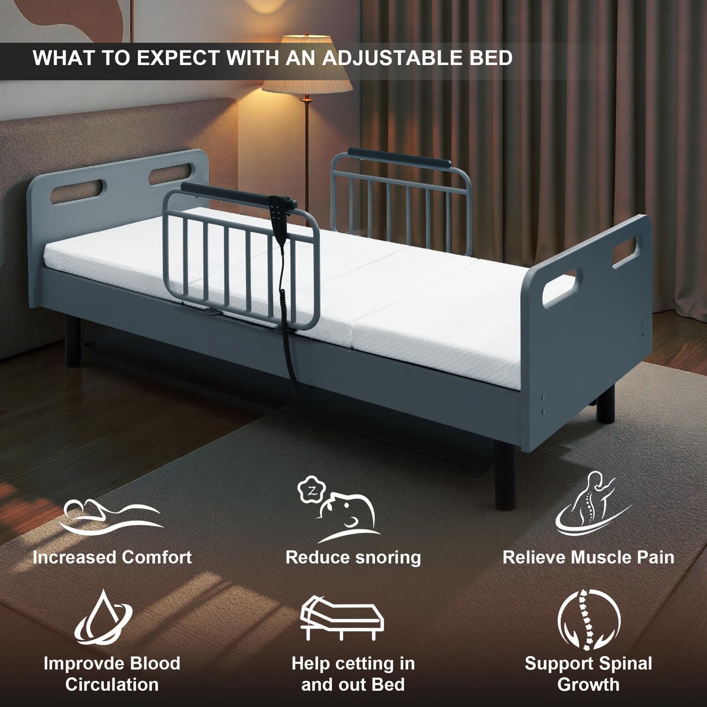 Skipity Sigmo Electric Adjustable Bed Base Frame Twin with Wired Remote Control for Head, Leg & Foot Incline, Hospital Bed for Home Use with Memory Foam Folding Mattress & Safety Side Rails