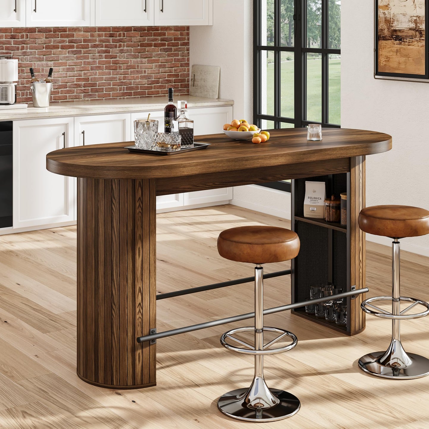 59" Bar Table with Storage - Walnut Vintage Counter Height Table, 6-Seater Pub Table with Metal Footrest, Wooden Round Edge Bar Counter, Home Bar Unit for Kicthen Island, Dining Room, Media Room