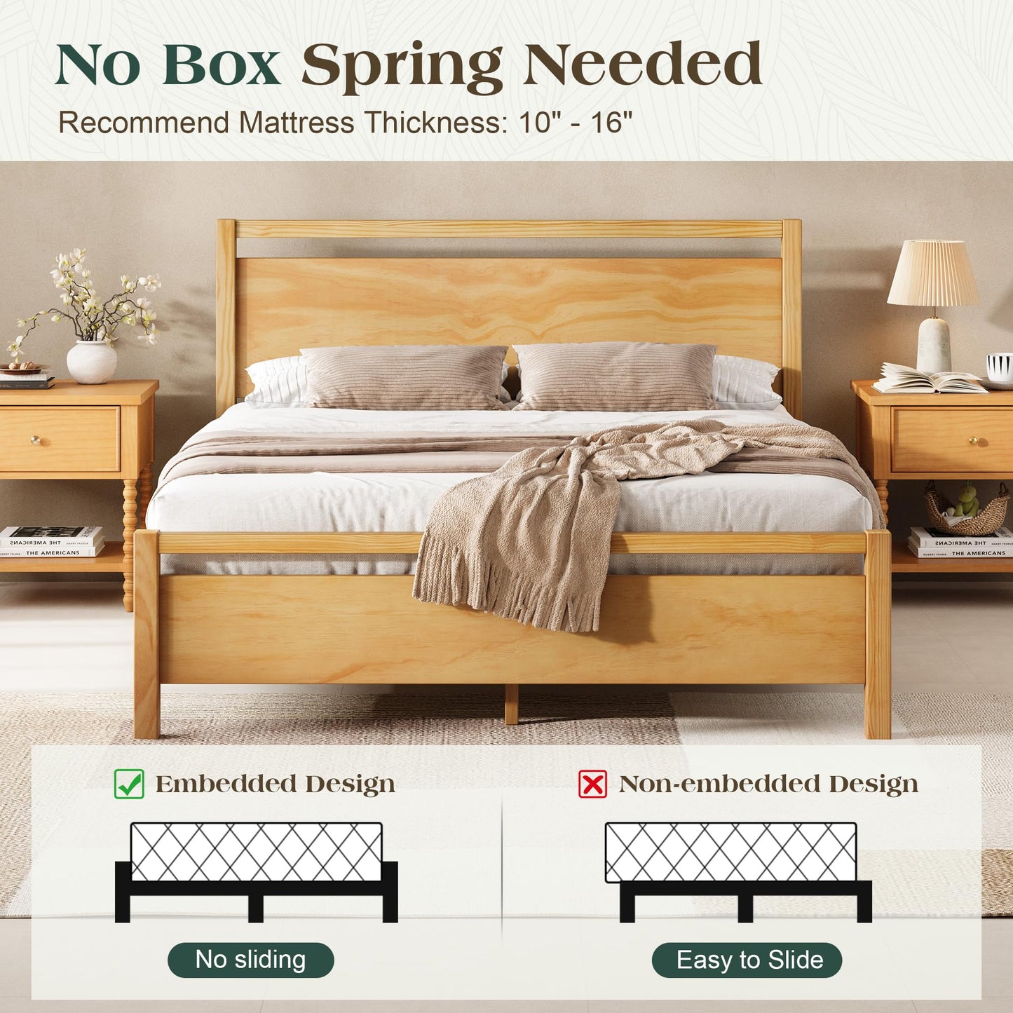 AMERLIFE King Size Solid Wood Bed Frame with Headboard, Minimalist Platform Bed with Wooden Slats Support/No Box Spring Needed/Easy Assembly, Natural