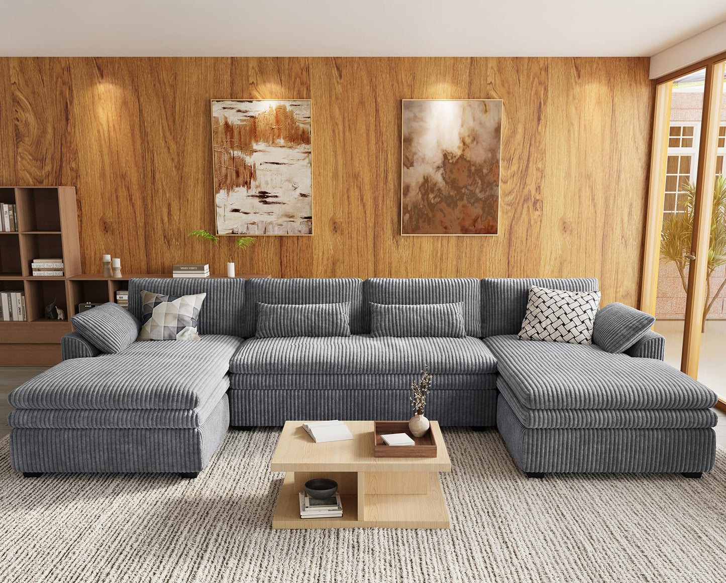 Belffin Large Modular Sectional Sofa with Double Deep Chaise, 135" Corduroy U Shaped Sectional Couch with 9" Soft Dual-Layer 6 Seats U Shaped Couch for Living Room, Apartment, Light Grey