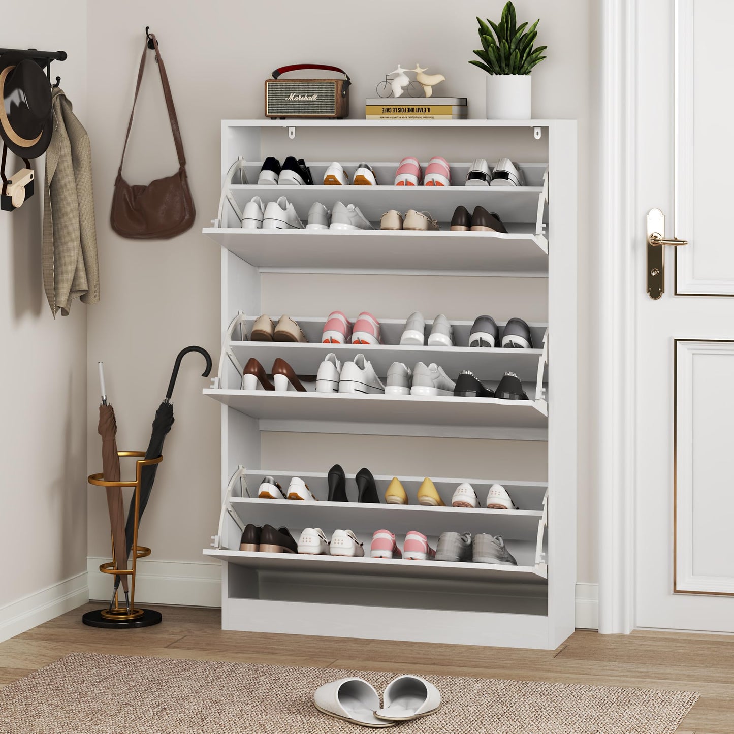 BORNOON Shoe Cabinet with 3 Flip Drawers, Hidden Wood Shoe Cabinet,Freestanding Shoe Storage Cabinet for Entryway Hallway.White. 47.2" H*31.5" W*9.45" D.