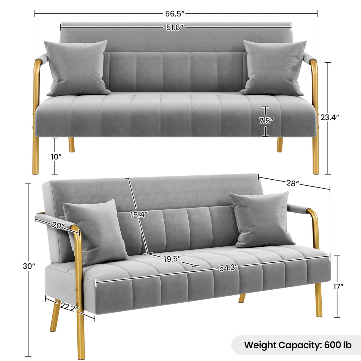 Yaheetech 56.5" Small Sofa 2 Seater Couch with Gold-Tone Legs, Light Gray