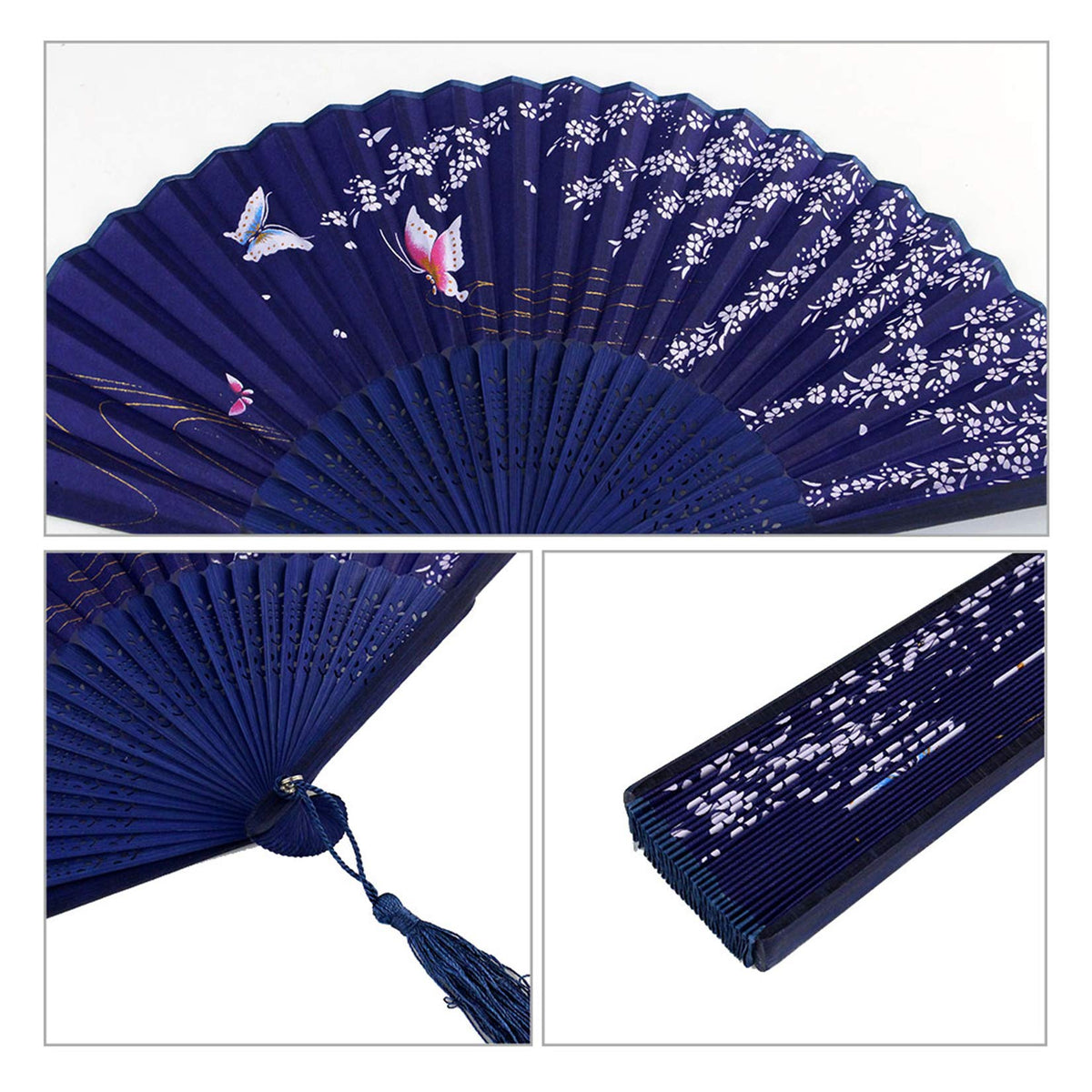Bantoye 2Pcs Handheld Fans Silk Folding Fans with Bamboo Frames, White Blue