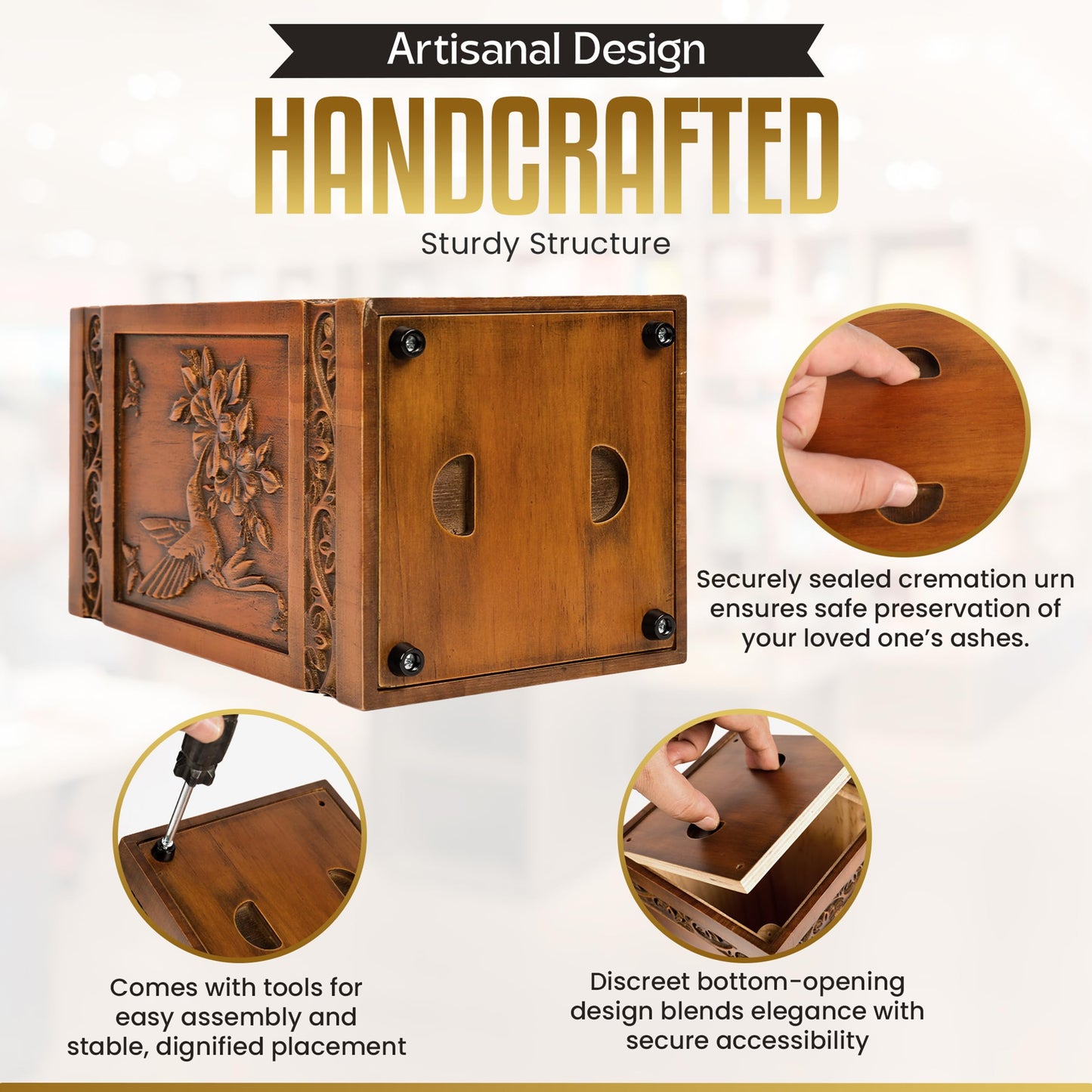 Large Wooden Cremation Urn for Human Ashes Adult – Handcrafted Hummingbird & Floral Engraving – Funeral Urn for Mother, Father, Men & Women – Display at Home or Niche at Columbarium – 270 Cubic Inches