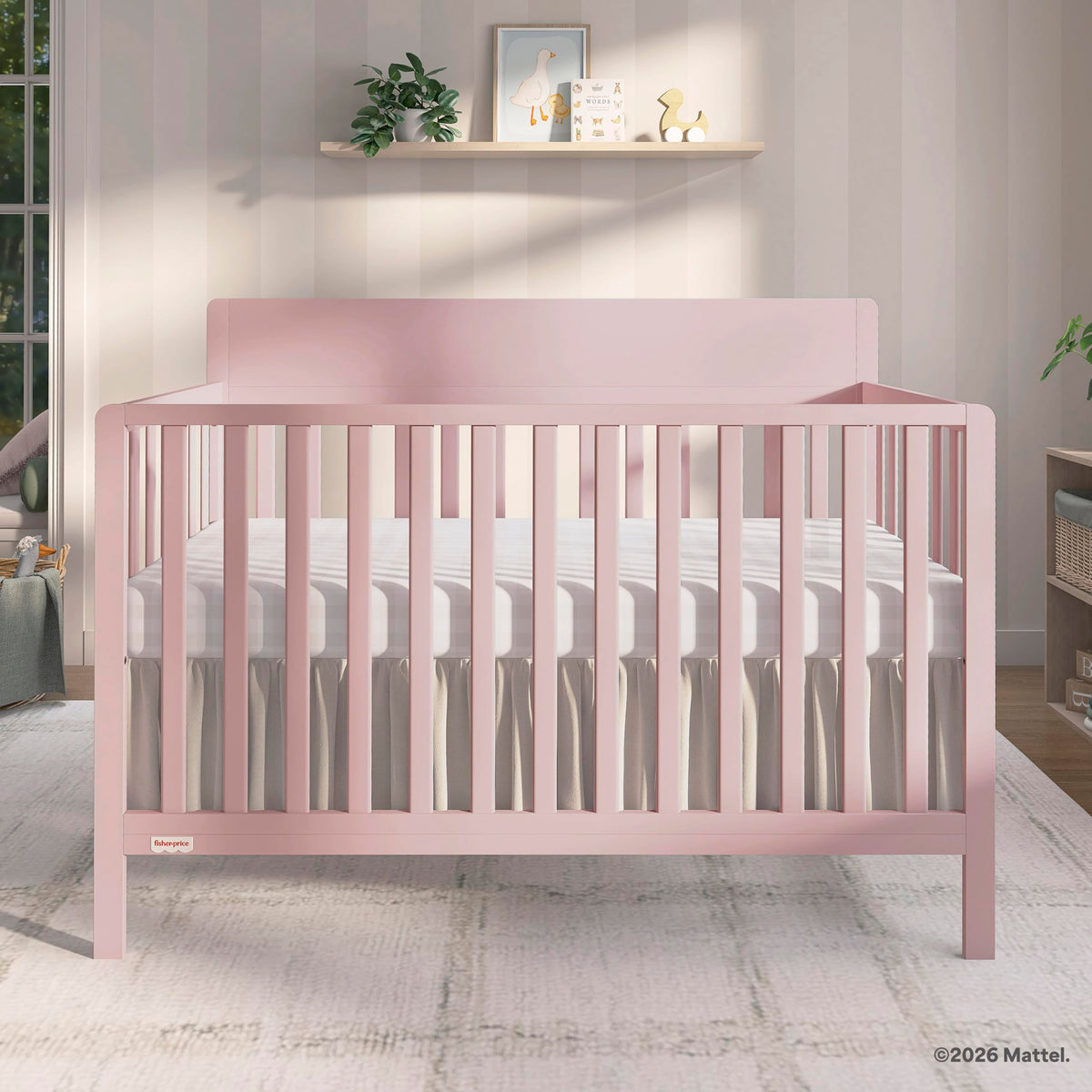 Fisher-Price Meadowbrook 4-in-1 Convertible Full Size Baby Crib, Wooden Nursery Furniture, Converts to Toddler Bed with Guardrail, Daybed & Full-Size Bed, Greenguard Gold & BSA Certified, Pink