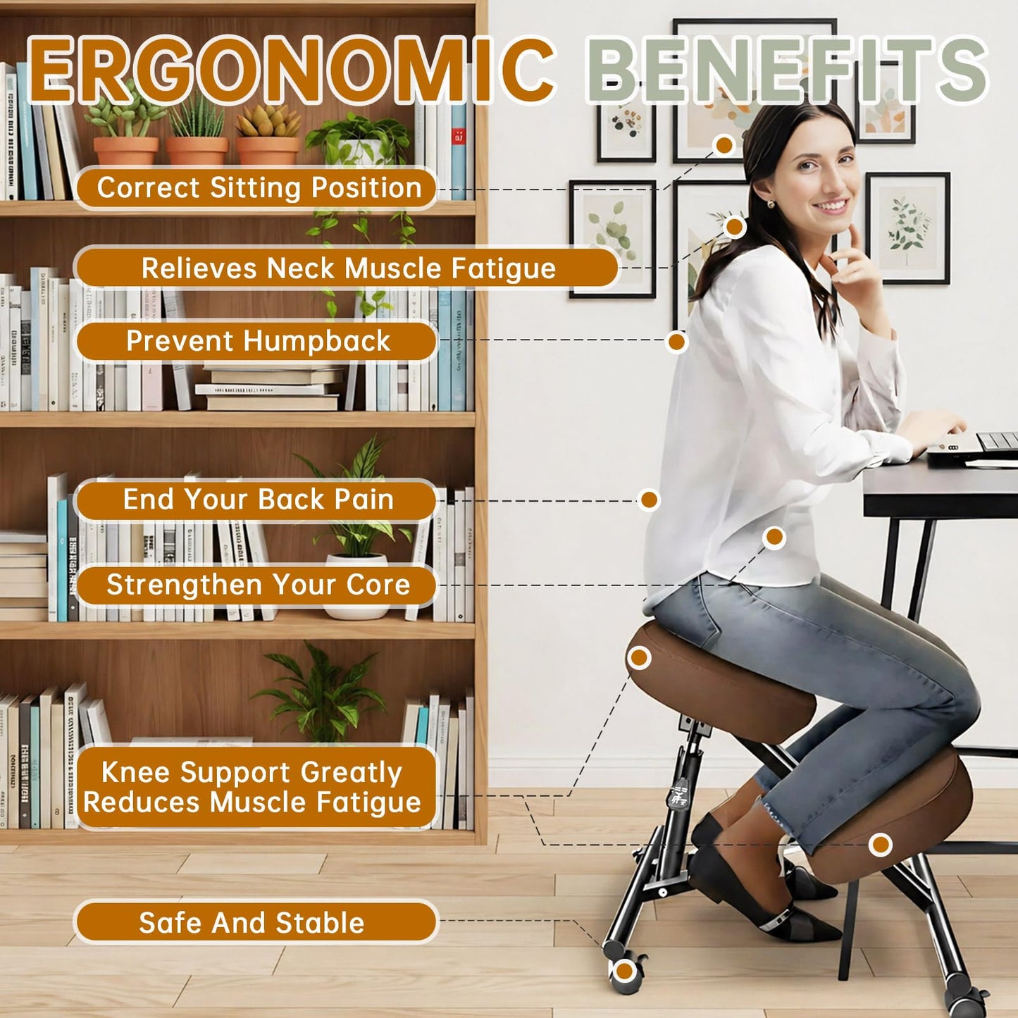 PU Leather Ergonomic Kneeling Chair, Adjustable Home and Office Stool with Thick Pads and Flexible Lockable Brake Wheels for Back Pain Relief（Coffee Brown）