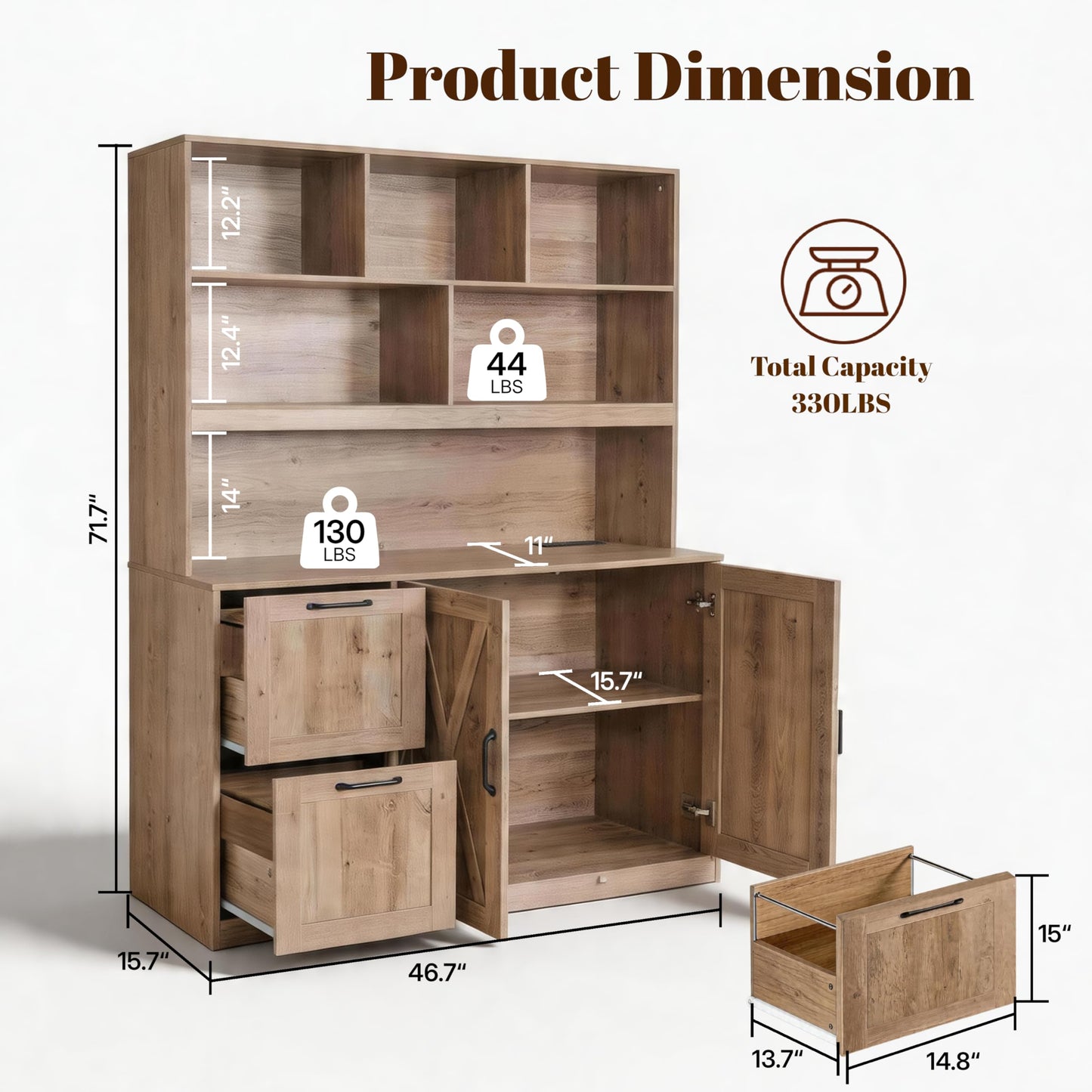 NORTHSKY 72'' Tall Bookshelf with Power Outlet, 2 Drawer File Cabinet for A4 Hanging Files, 3-Tier Open Shelves & Closed Storage Cabinets, Multifunctional Printer Stand - Light Brown