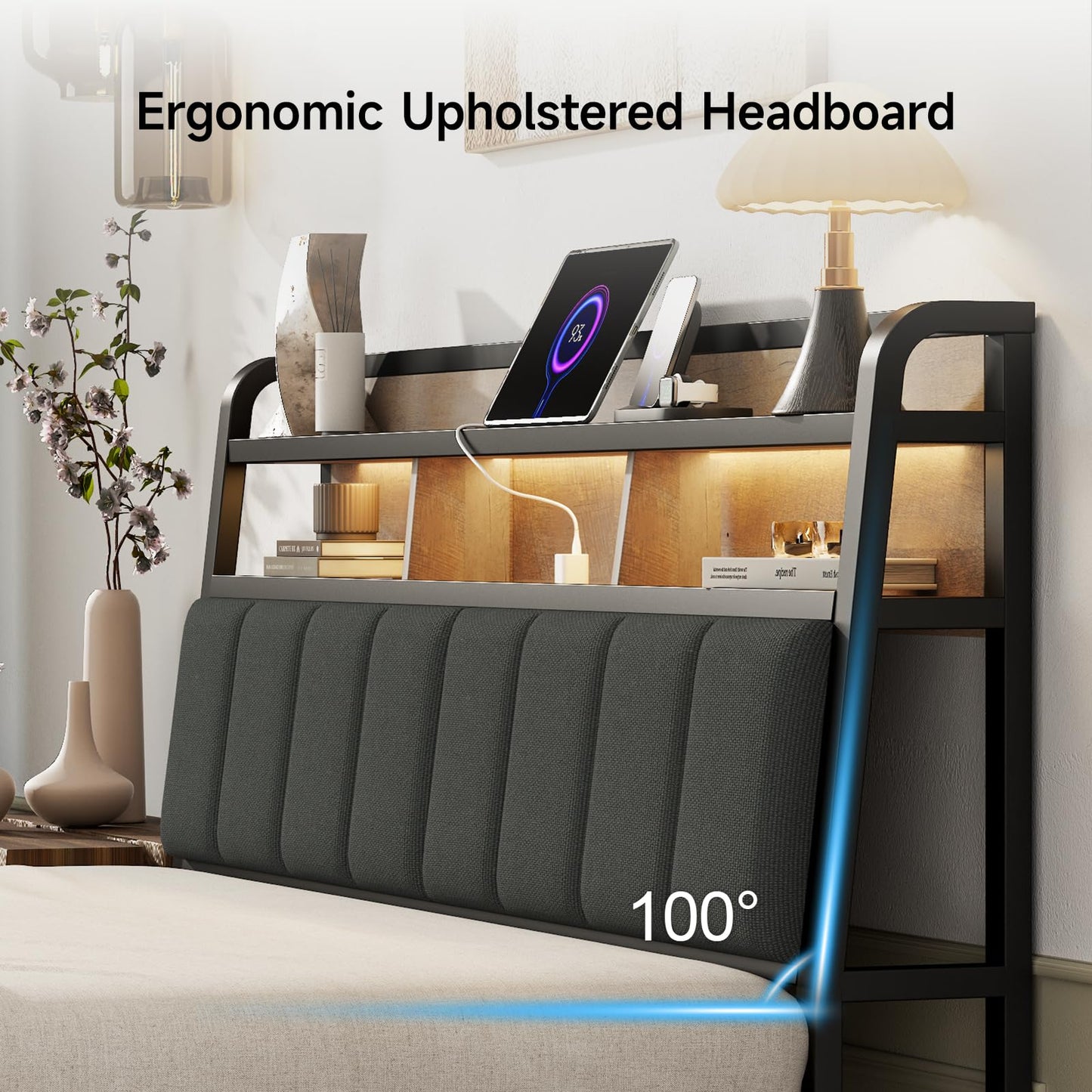 Lefurture Queen Headboard Only with Storage, Upholstered Headboards for Queen Size Bed with LED Light, Charging Station, Height Adjustable, Sturdy and Stable Headboard, Black & Brown