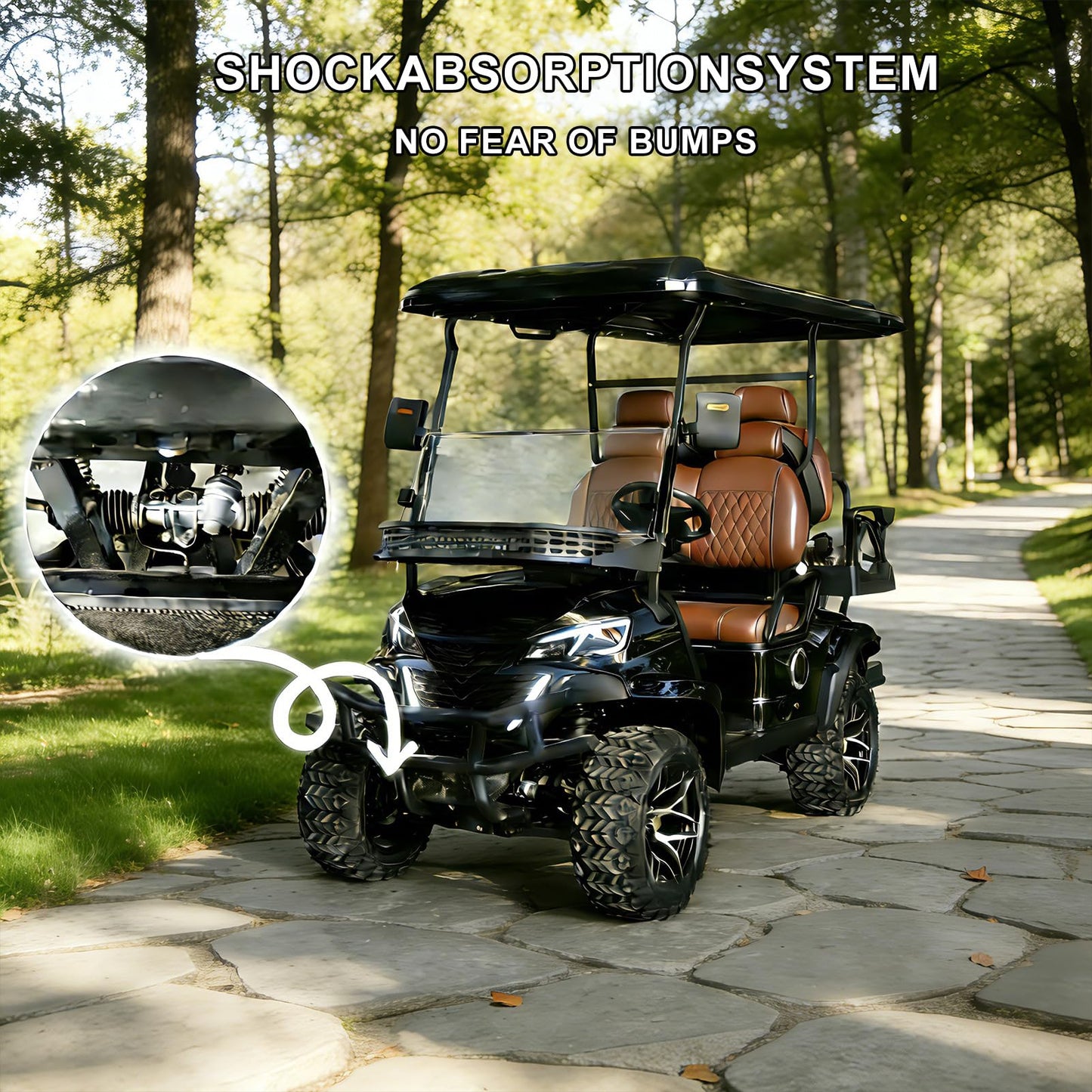 Black 4-Seater Electric Golf Cart with 5KW Motor 20 MPH Top Speed 44 Mile Long Range 60V, Advanced Suspension, Rear & Front Storage, IPS Display, Quick Charging for Recreational, Park, Hotel Shuttle