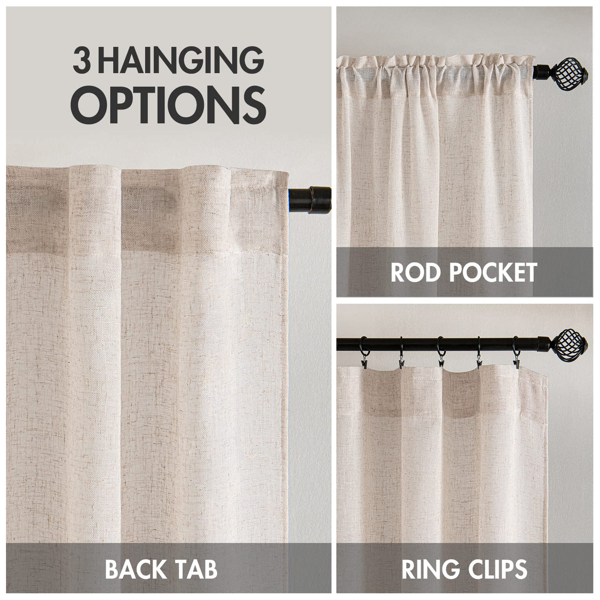 MIULEE Natural White Linen Curtains 52x84 Inch Long for Bedroom Living Room