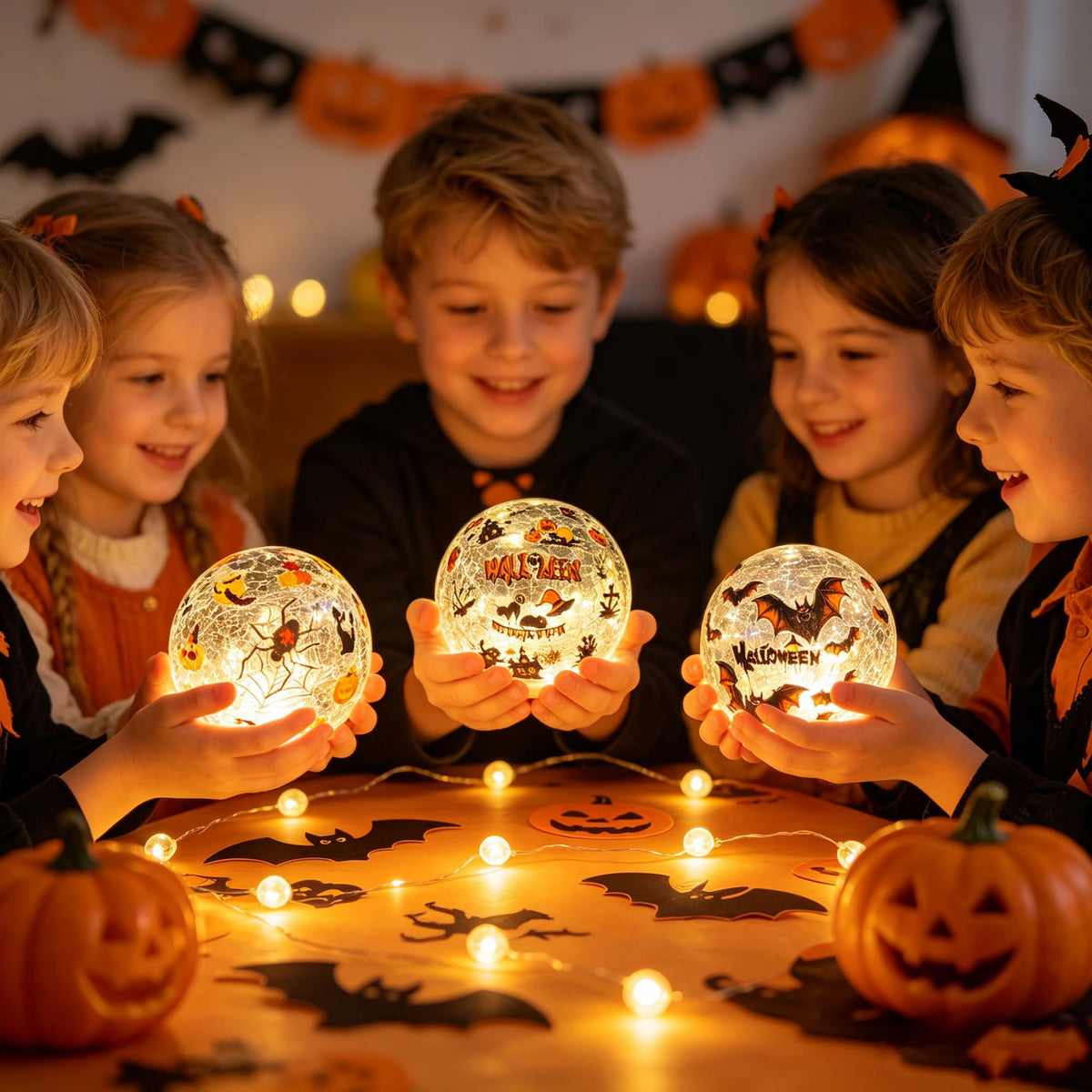 3 Pack Halloween Desktop Decorative Lights, Interior Decorations, LED Cracked Glass Ball Lights with Timer (Brown Bat)