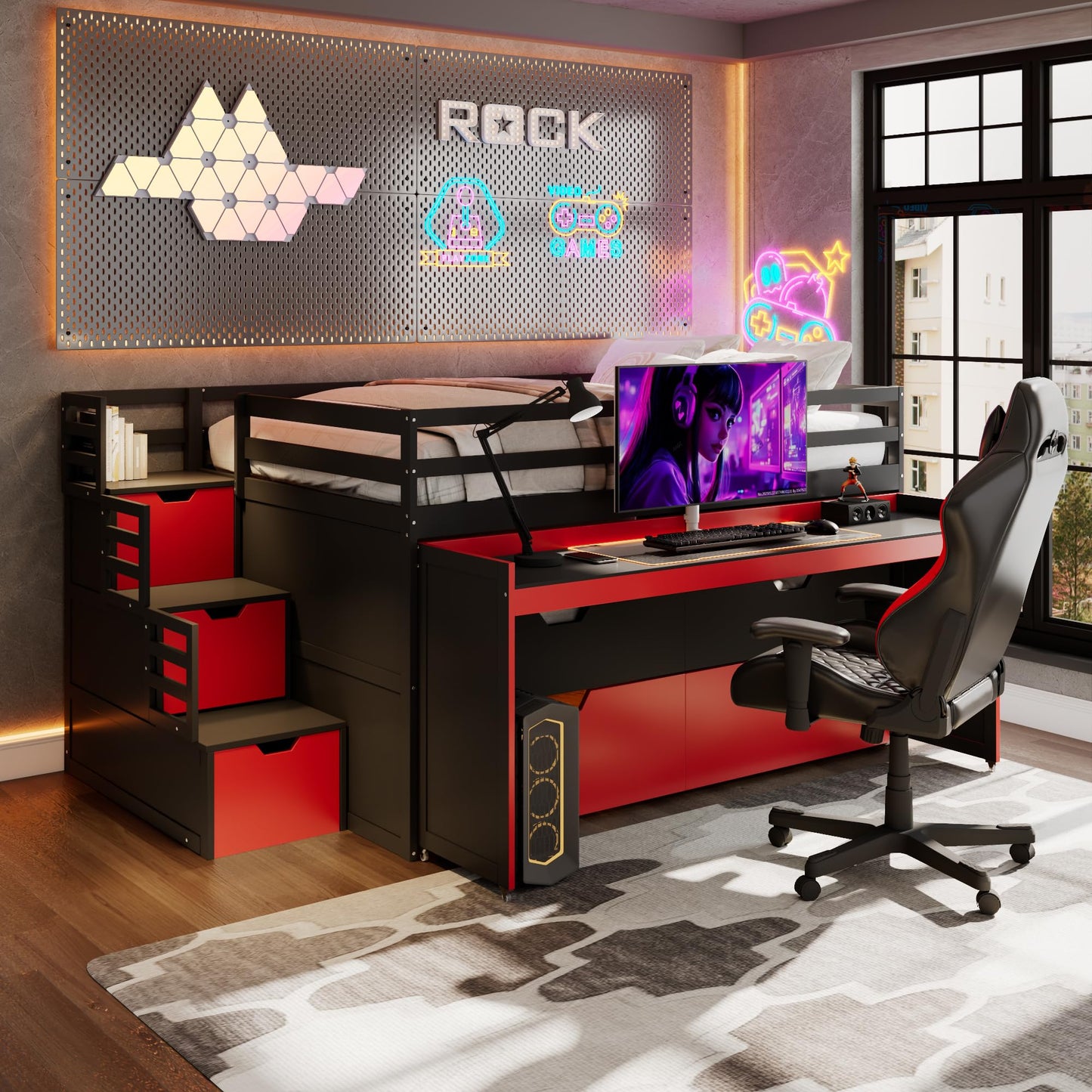 Virubi Full XL Loft Bed with Pull-Out Desk and Twin Trundle, Multi-Functional Bunk Bed with Storage Steps & 2 Drawers, Space-Saving Gaming & Workstation Bedframe (Black+Red, Full XL)