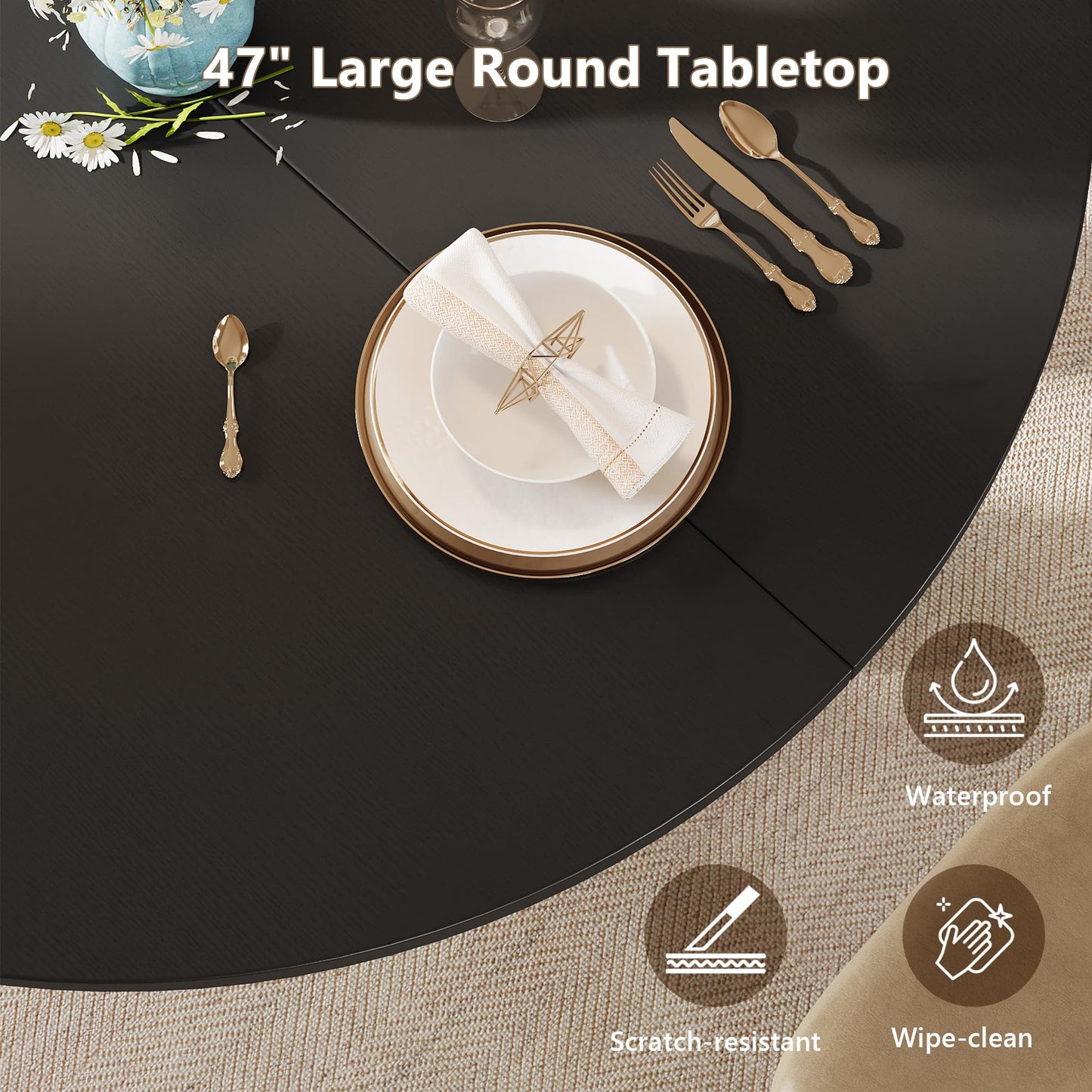 Einhomn Round Dining Table for 4-6, Kitchen Table with Sturdy Double Arc & Rounded Base & Backboard Clasp Desktop, Mid-Century Modern Circle Dinner Table for Dining Living Room, Space Saving, Black