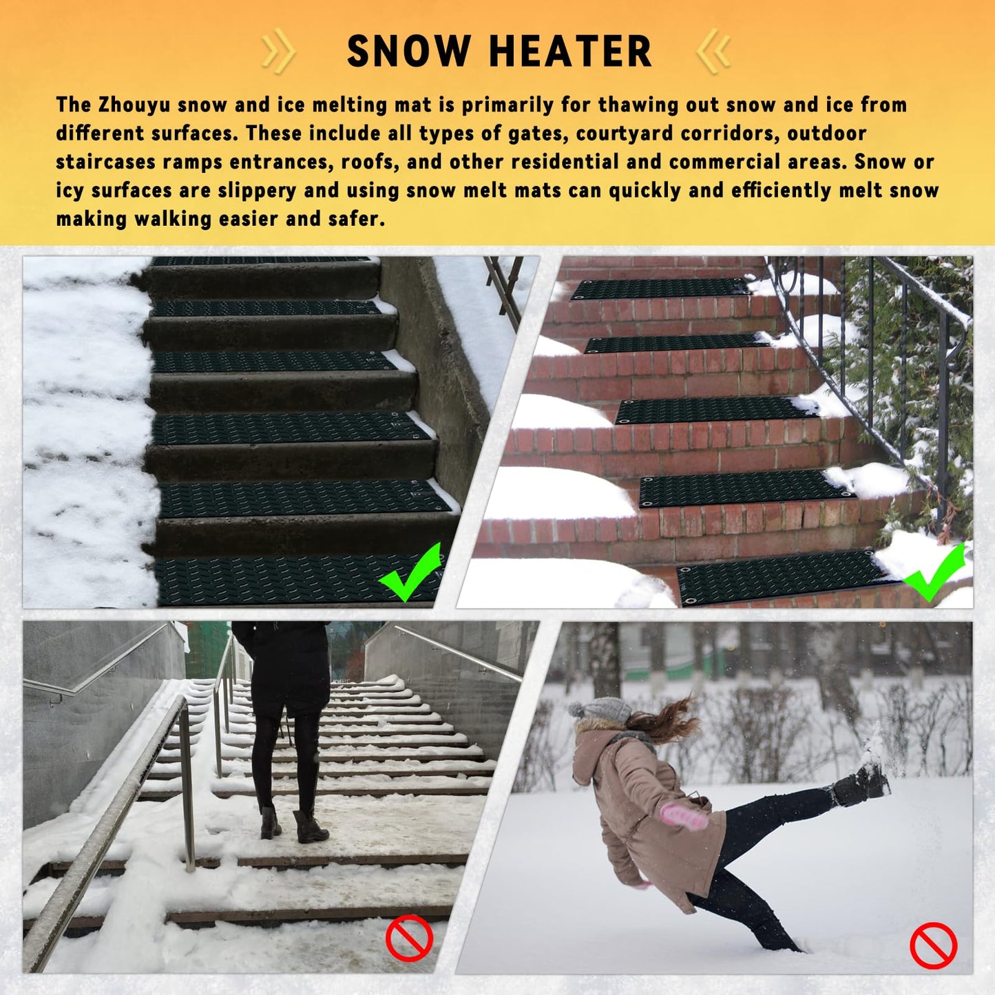 Snow Melting Walkway Mat 3 Pcs, 10" X 30" Snow & Ice Melting Mat Slip-Proof Rubber Heated Mat, Doors, Courtyard corridors, Outdoor, Stairs, ramps, entrances, Roofs(3, Black)