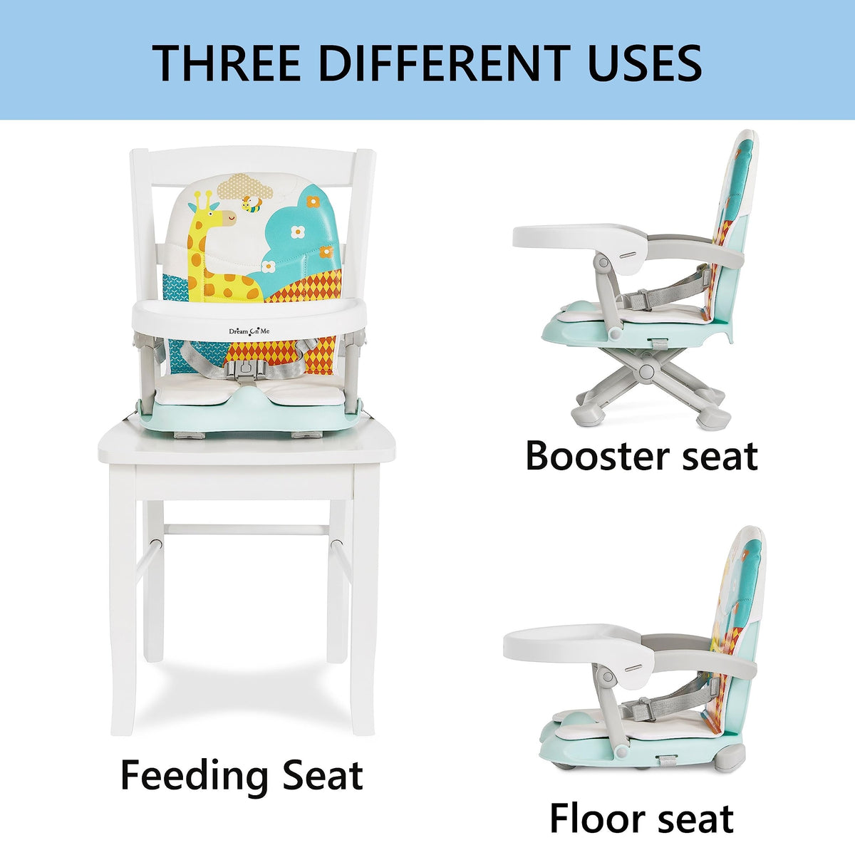 Dream On Me Munch N Go Booster Seat for Babies 6–36 Months, 3-in-1 Feeding, Floor & Table Seat, Adjustable 4 Heights, Lightweight Portable Design, 3-Point Safety Harness, Easy to Fold & Carry- Mint