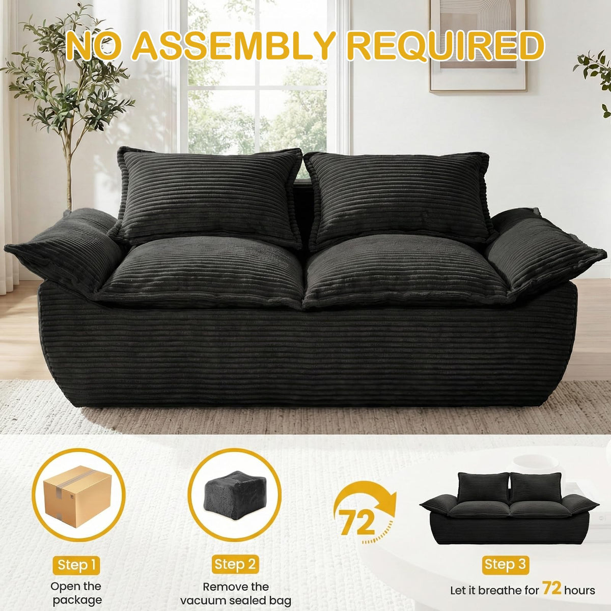 AOLVDOW 56" Boneless Loveseat, 2-Seater Black Boneless Sofa with Removable Cushions & 2 Pillows, Small Mini Couch Boneless Foam Sofa for Living Room, Apartments, & Office